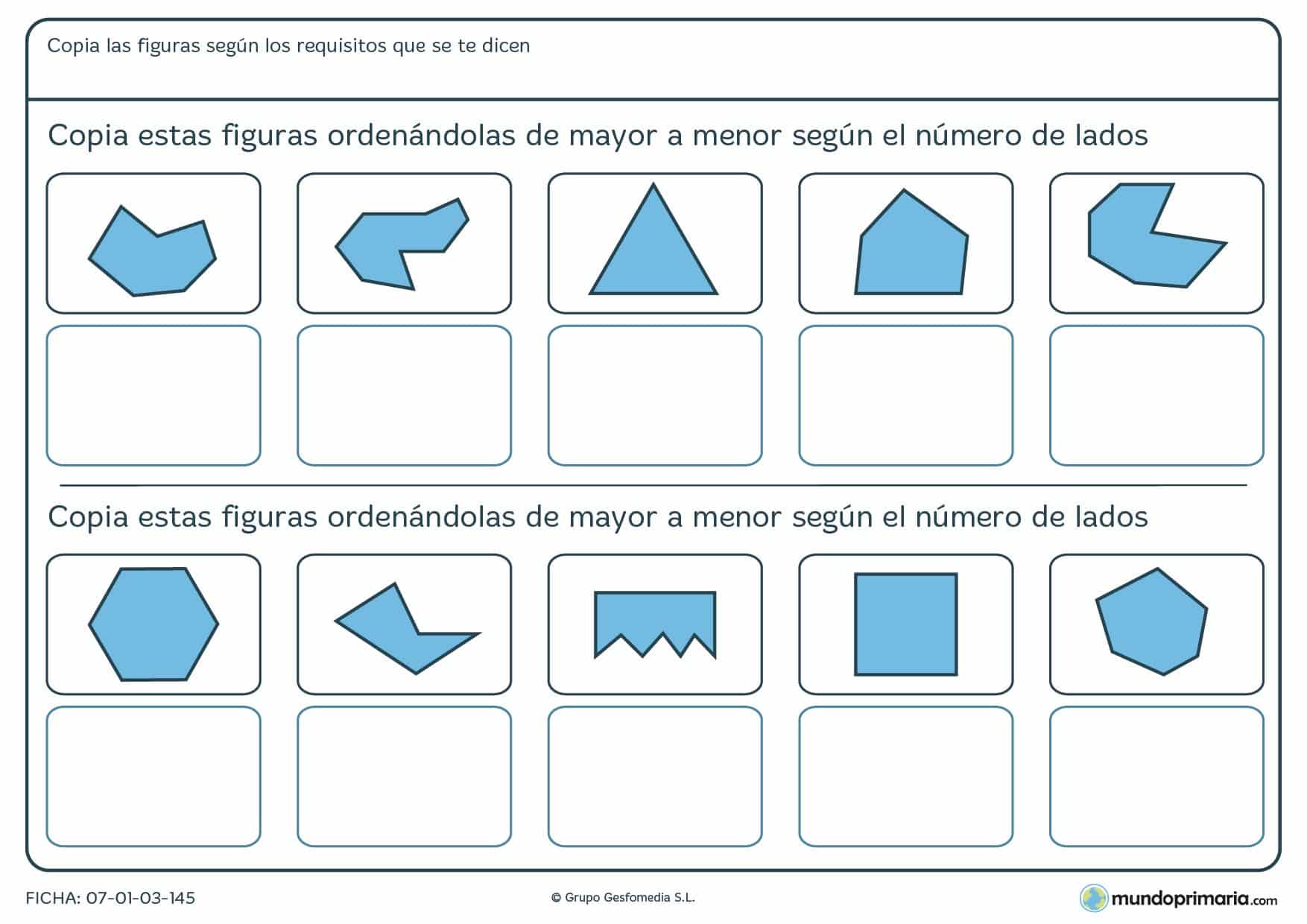 Ficha de figuras para ordenar figuras geométricas de mayor a menor según su número de lados.