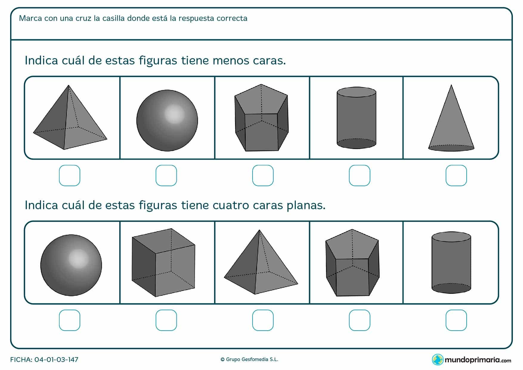 Ficha de figuras y sus caras en la que deberás apuntar la que cumpla las caracteríticas que te pedimos.