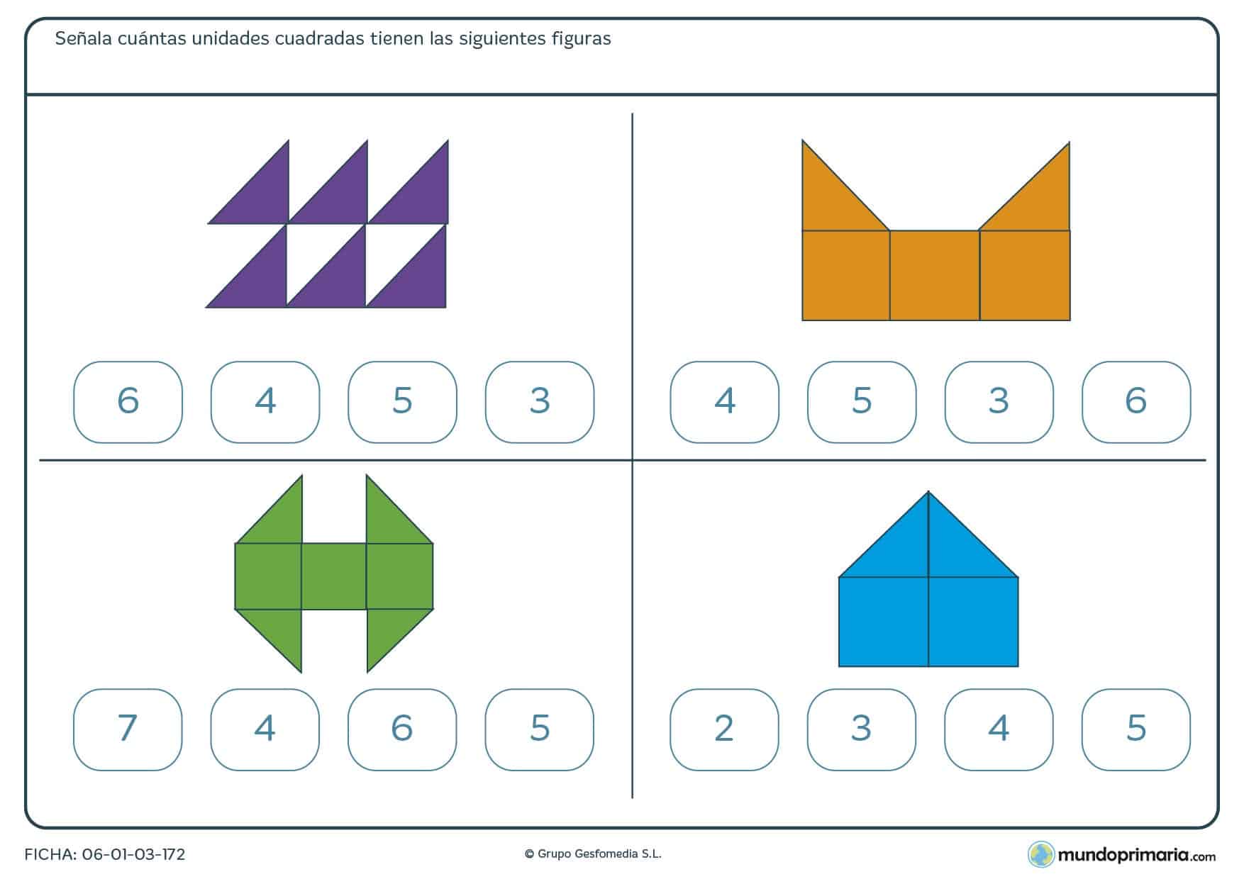 Ficha de figuras y unidades cuadradas. Cuenta triángulos y cuadrados y saca el total de los cuadrados.