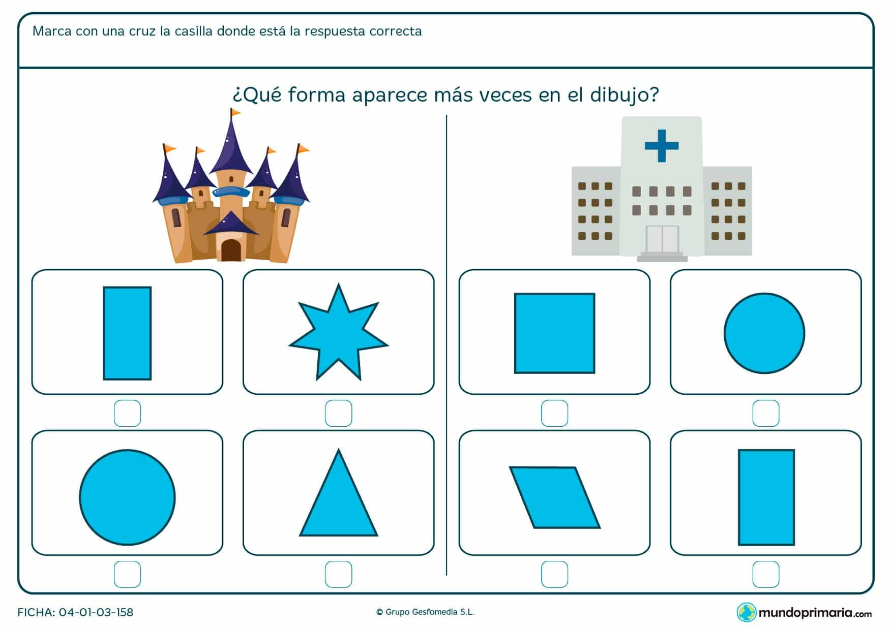 Ficha de forma de triángulo y más, señala que figura aparece más en cada dibujo.
