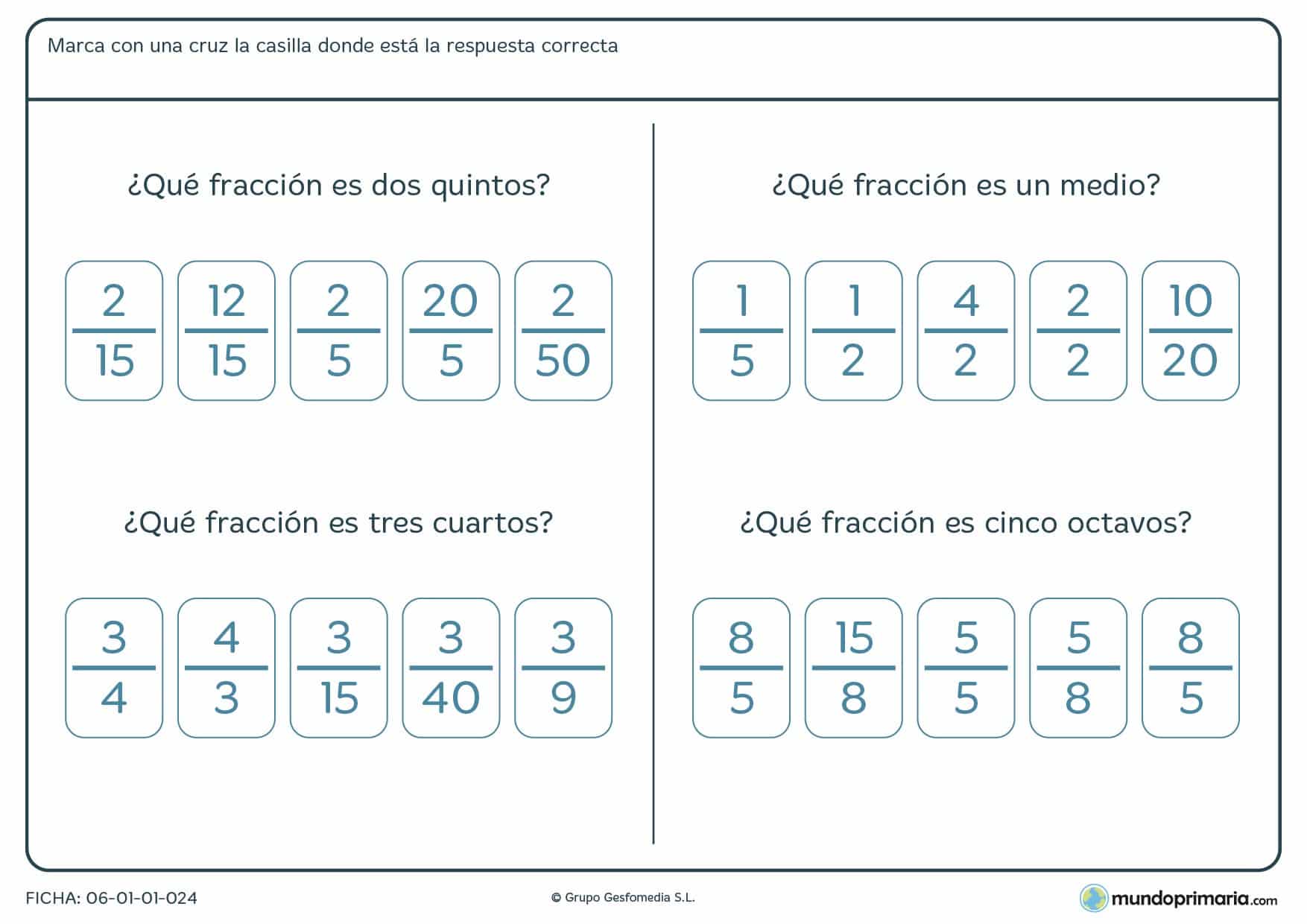 Ficha de fracciones en la que debes señalar cuál se corresponde con la que te decimos en palabra.