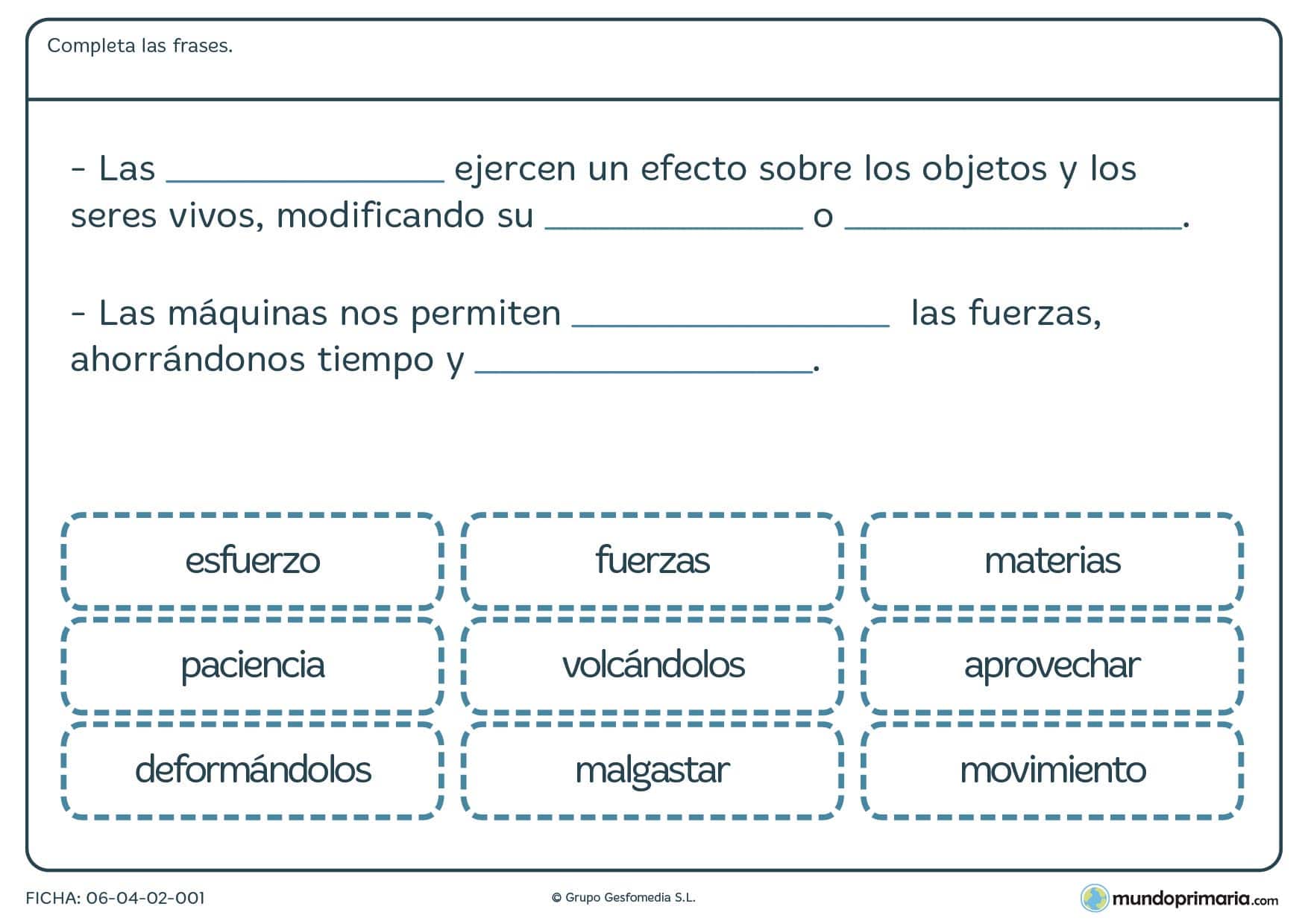 Ficha de fuerzas para rellenar los campos vacíos con la palabras correspondientes.