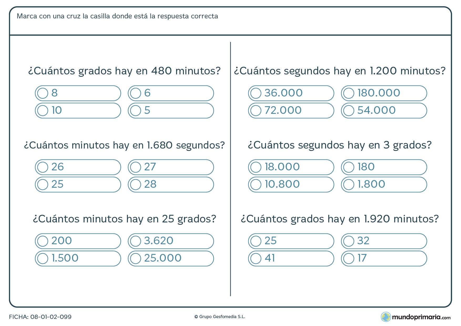 Ficha de grados a segundos y a minutos en esta ficha de cálculo de ángulos.