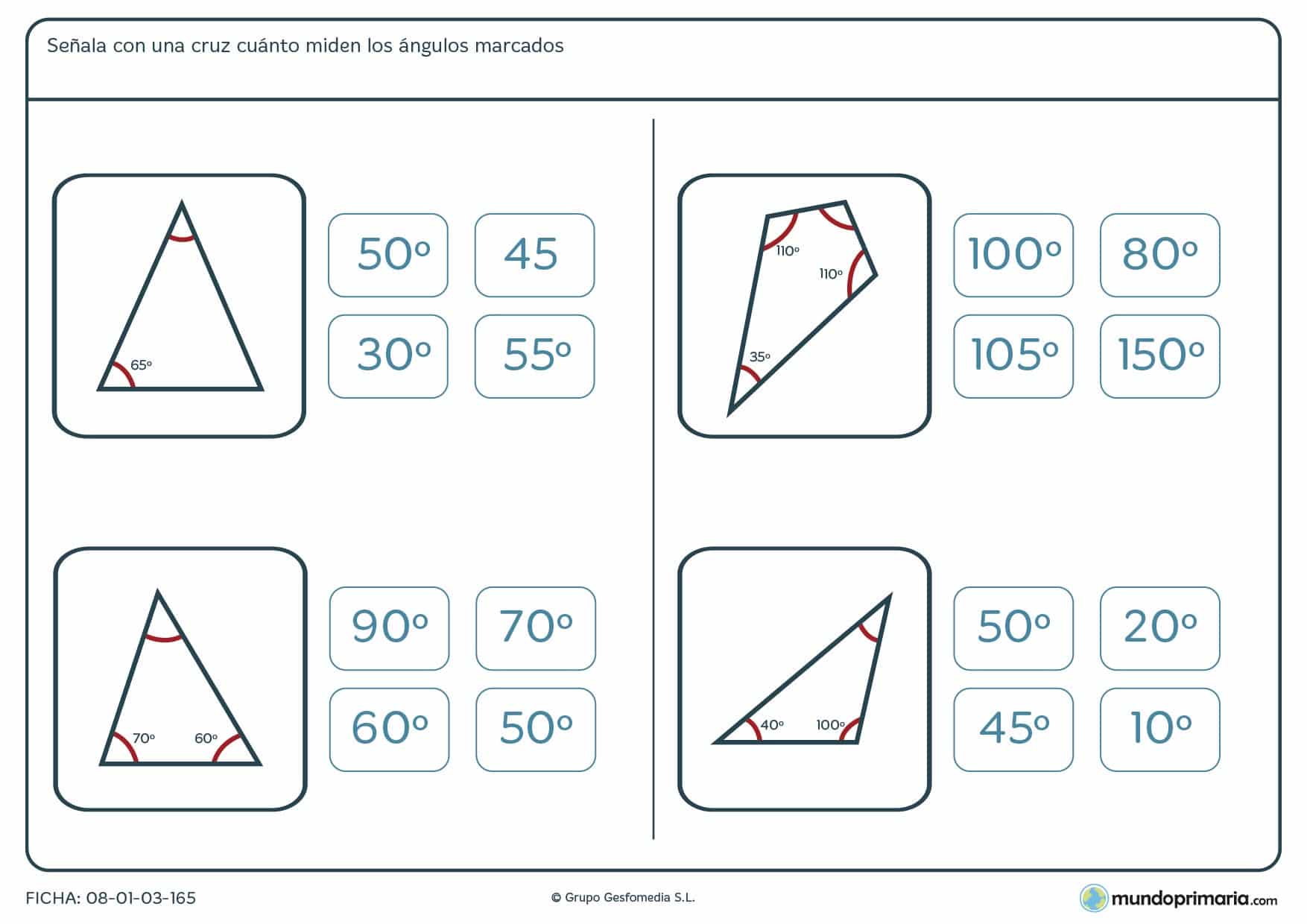 Ficha de grados de ángulos. Resolver la medida del ángulo marcado sin medida.