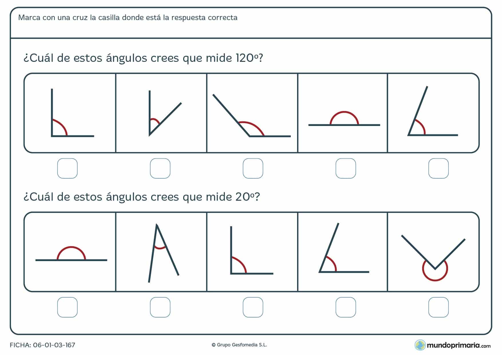 Ficha de grados de ángulos, para resolver solo con la percepción óptica de las imágenes y marcar así la respuesta que creas correcta.
