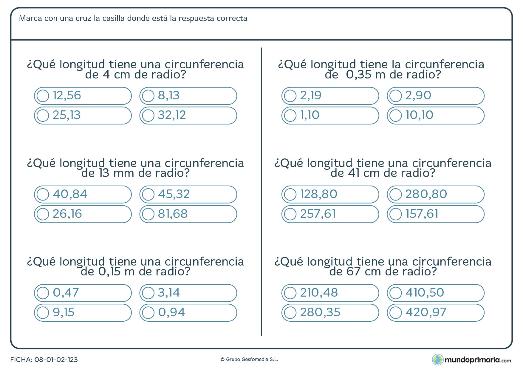 Ficha de hallar longitud circunferencia para hallar sabiendo su radio.