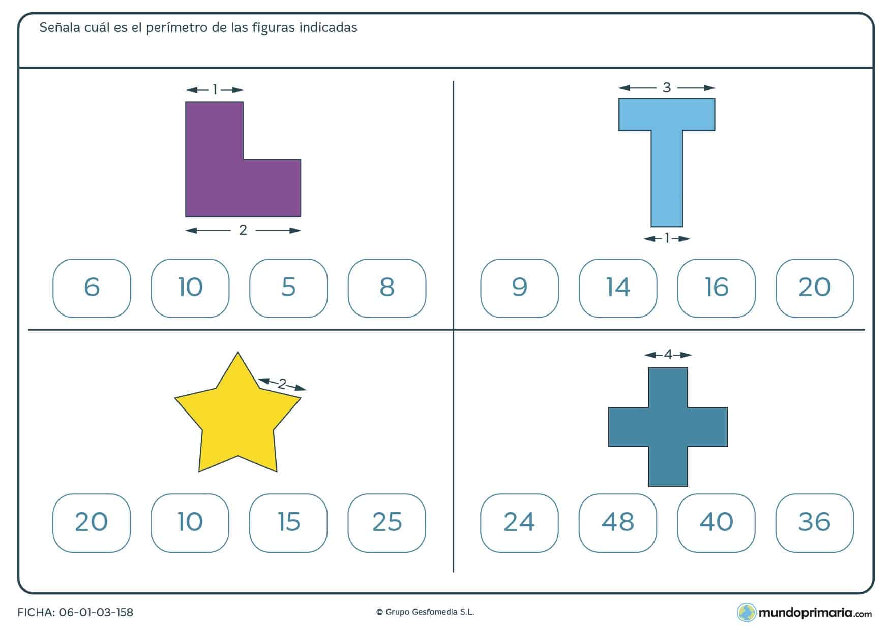 Ficha de hallar perímetros sumando cada la medida de cada cara de las siguientes figuras.