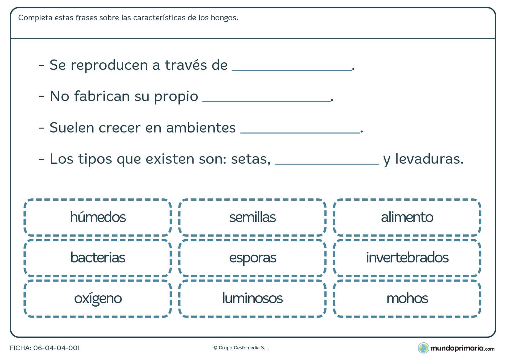 Ficha de hongos para completar las frases de manera adecuada con las opciones que aparecen.