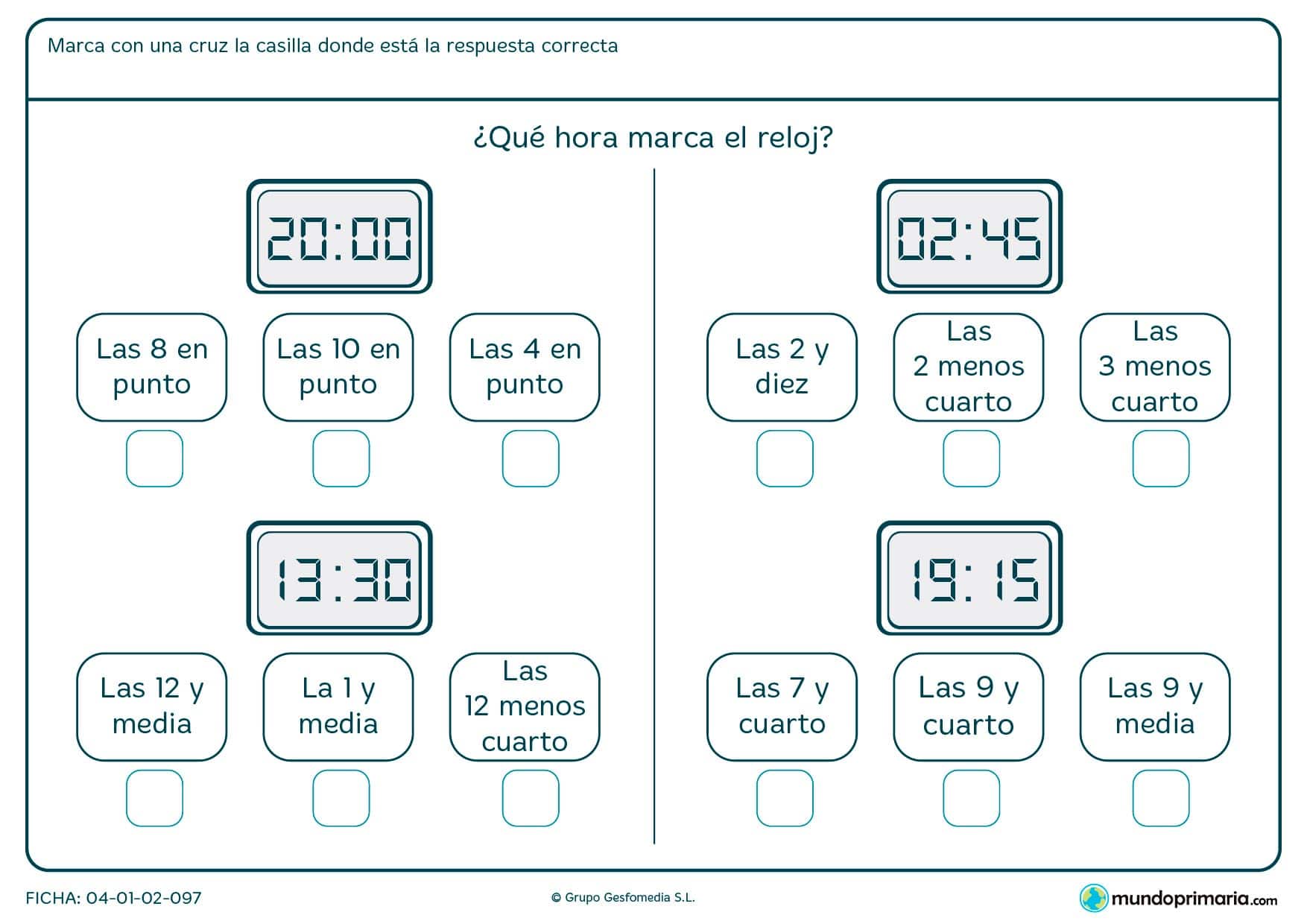 Ficha de horario digital. Marca la hora correcta del reloj digital.