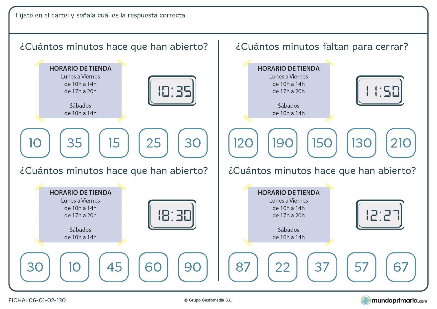 Ficha de horarios en la que se te muestra el horario de una tienda y con esos datos debes contestar correctamente a las preguntas.