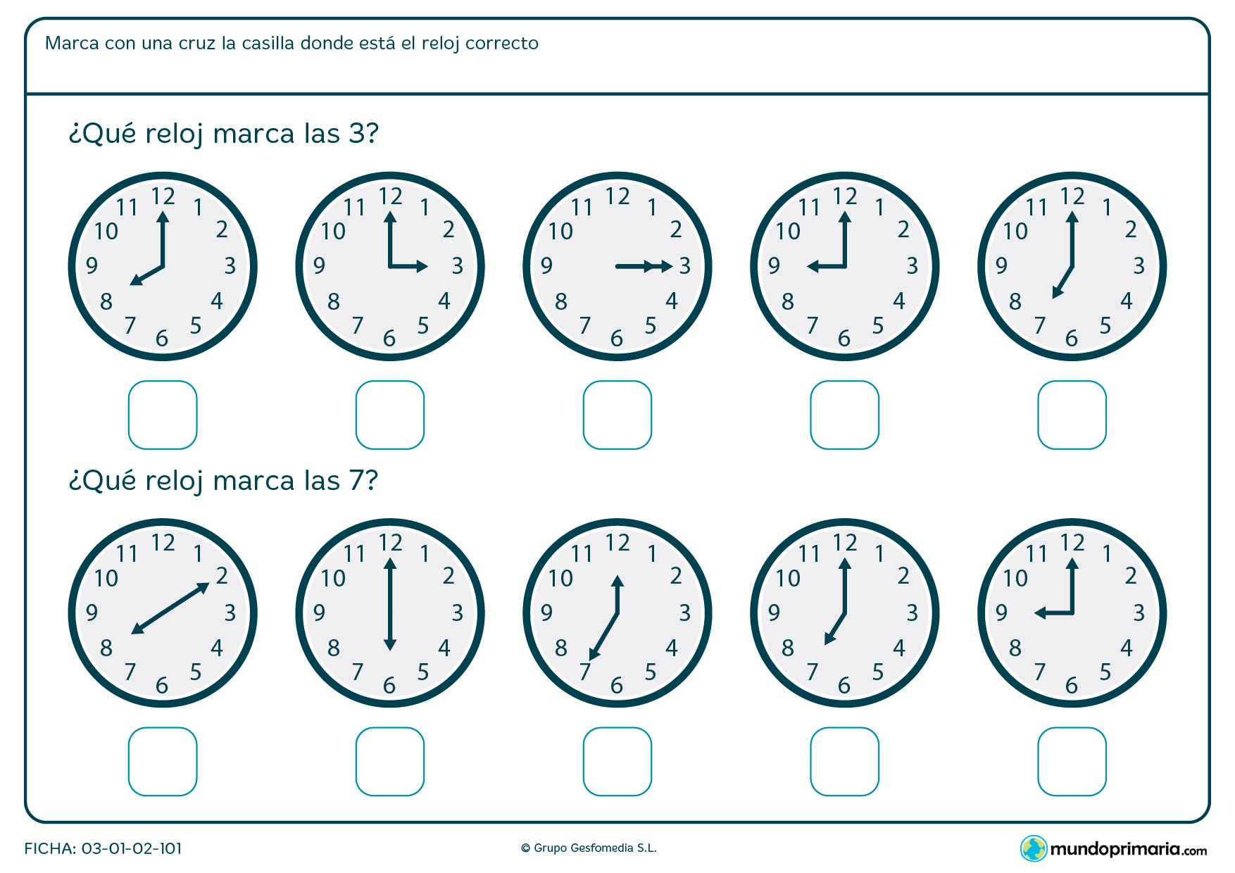 Ficha de horas de reloj en la que debes señalar los relojes que marcanlas horas en punto que te pedimos.