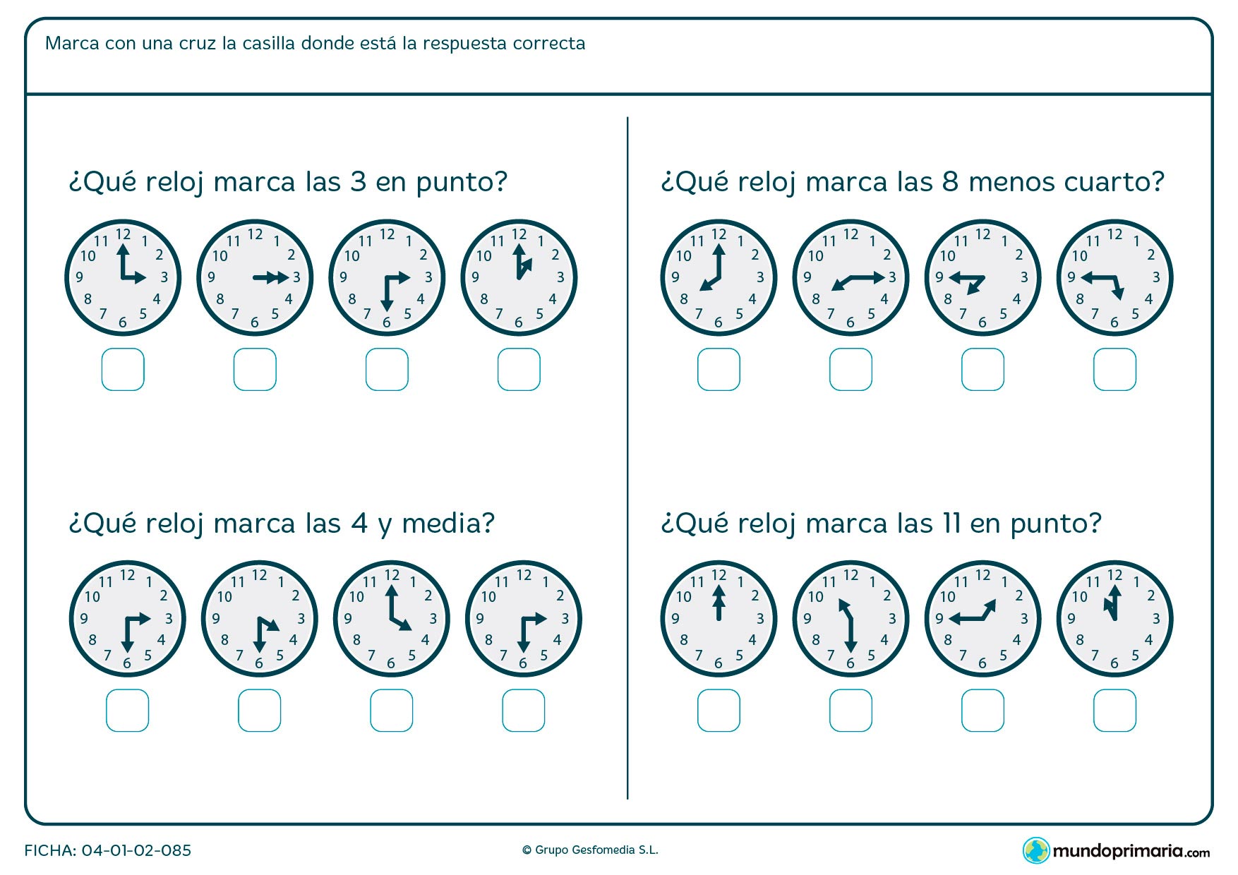 Ficha de horas en punto en la que debes elegir el reloj que la marque.
