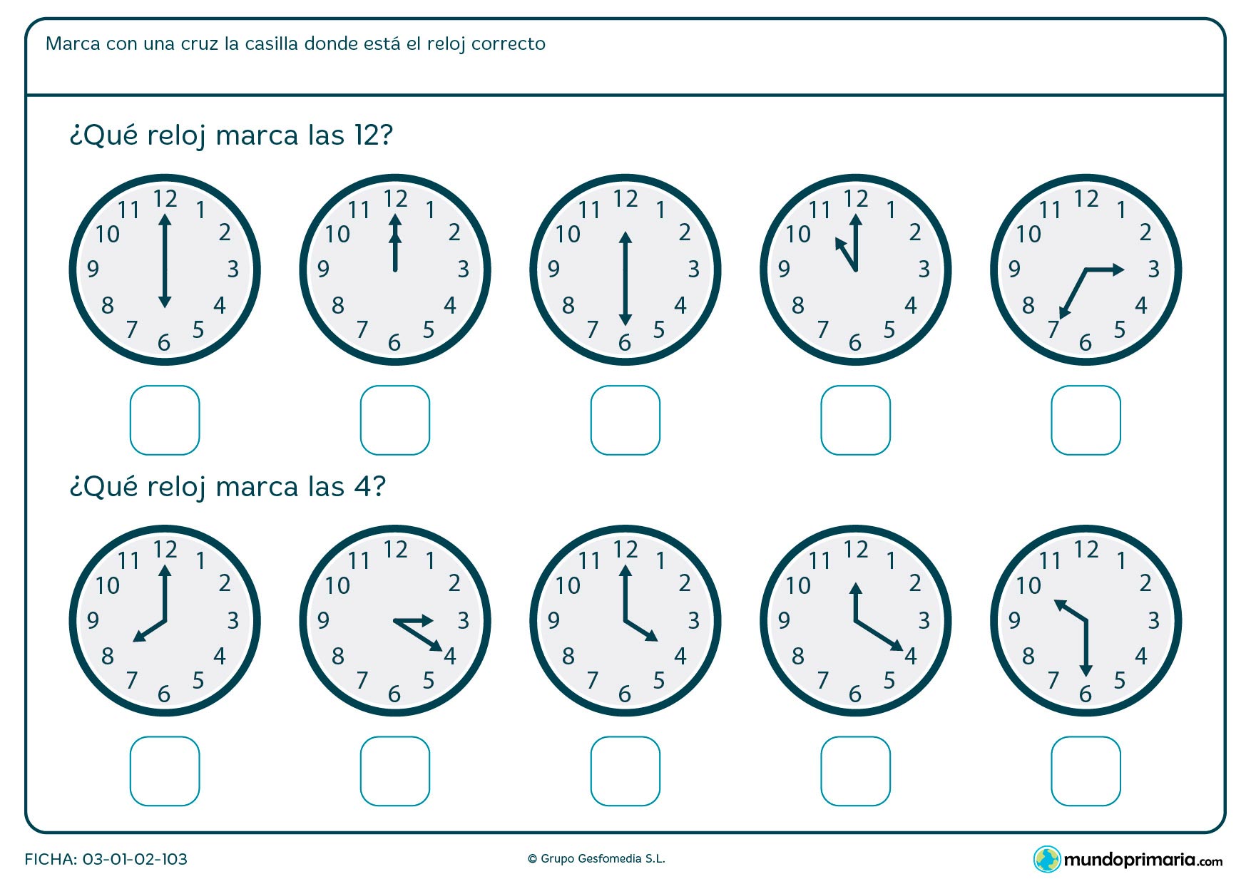 Ficha de horas en punto en la que tendrás que señalar los relojes que marcan las 12 y las 4 en punto.