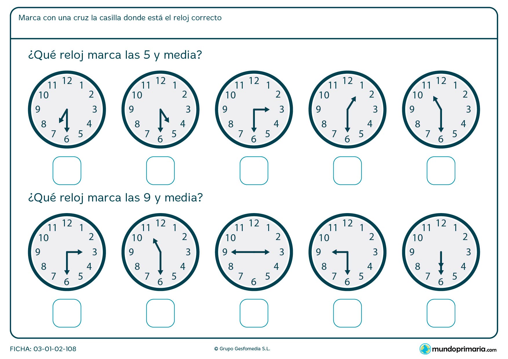 Ficha de horas medias para decir en qué reloj son las 5 y media y en cuál la 9 y media.