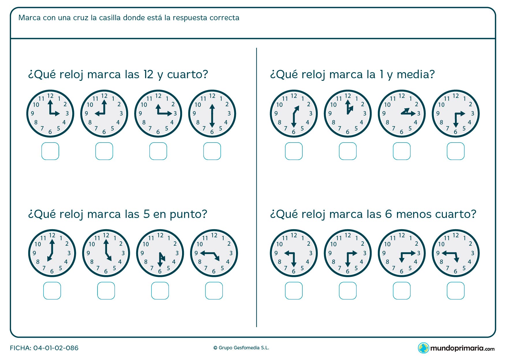 Ficha de horas y cuarto para señalar el reloj analógico que sea correcto.