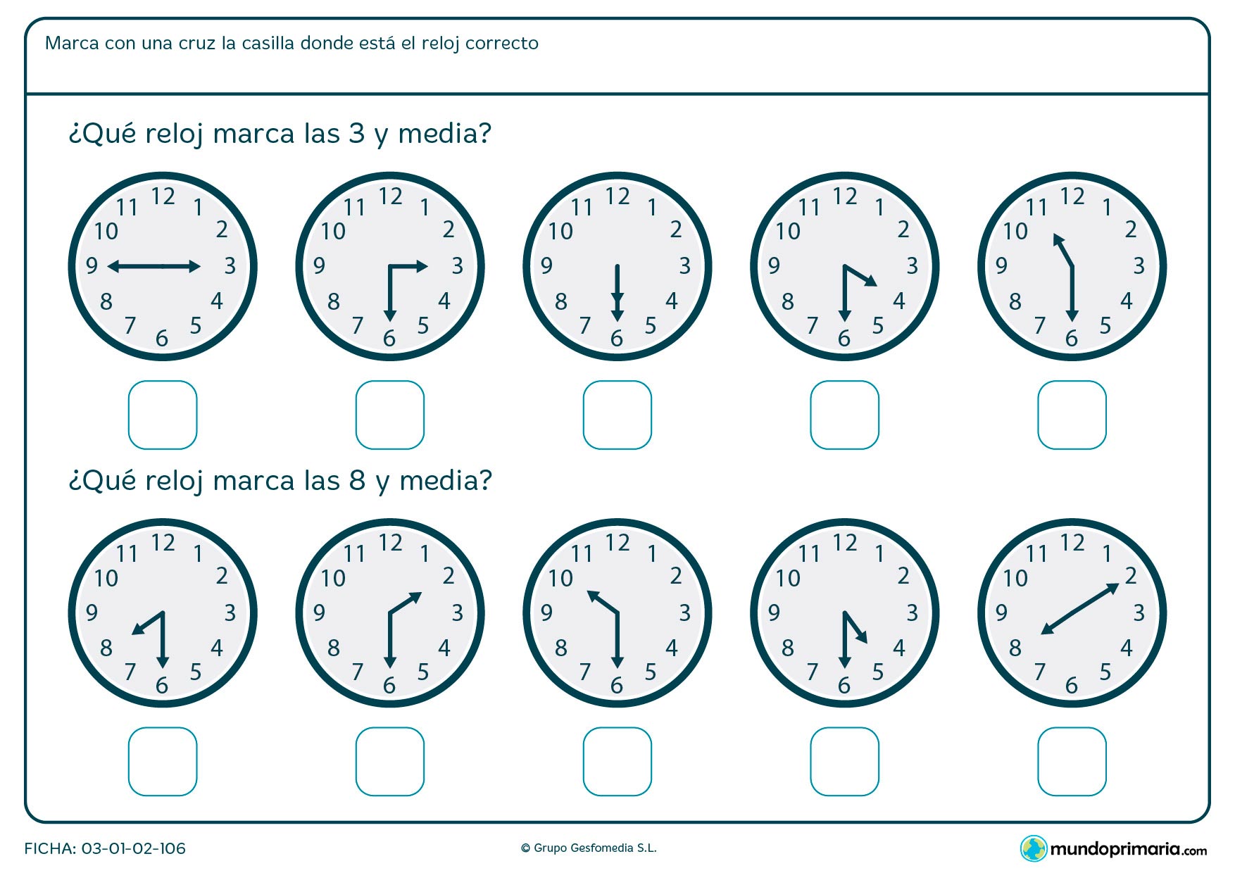 Ficha de horas y media en la que tendrás que señalar los relojes que marcan las 3 y media y las 8 y media.