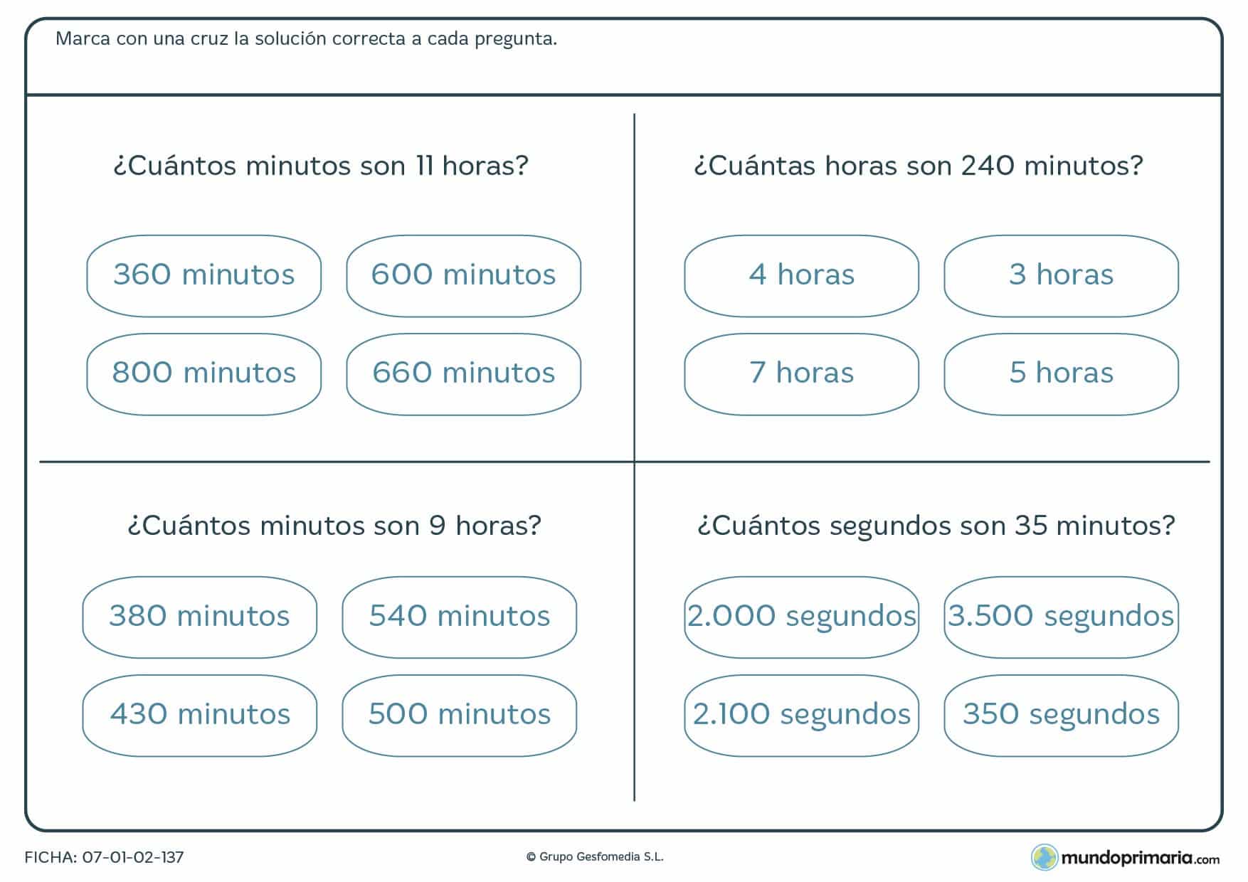 Ficha de horas y minutos, resuelve las horas de x minutos o los minutos de x horas.