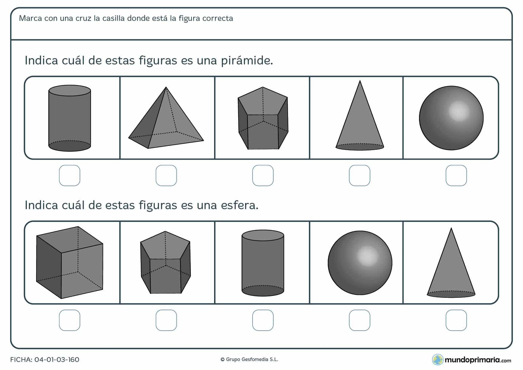 Ficha de identificar una pirámide y una esfera entre varios cuerpo geométricos distintos.