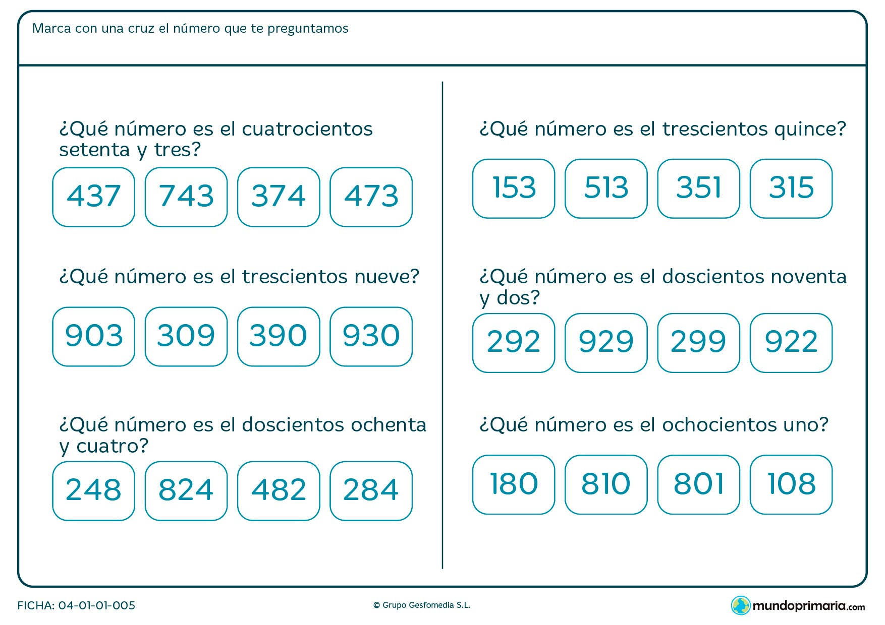 Ficha de identificar un número escrito en palabras en el que has de señalar el correcto.