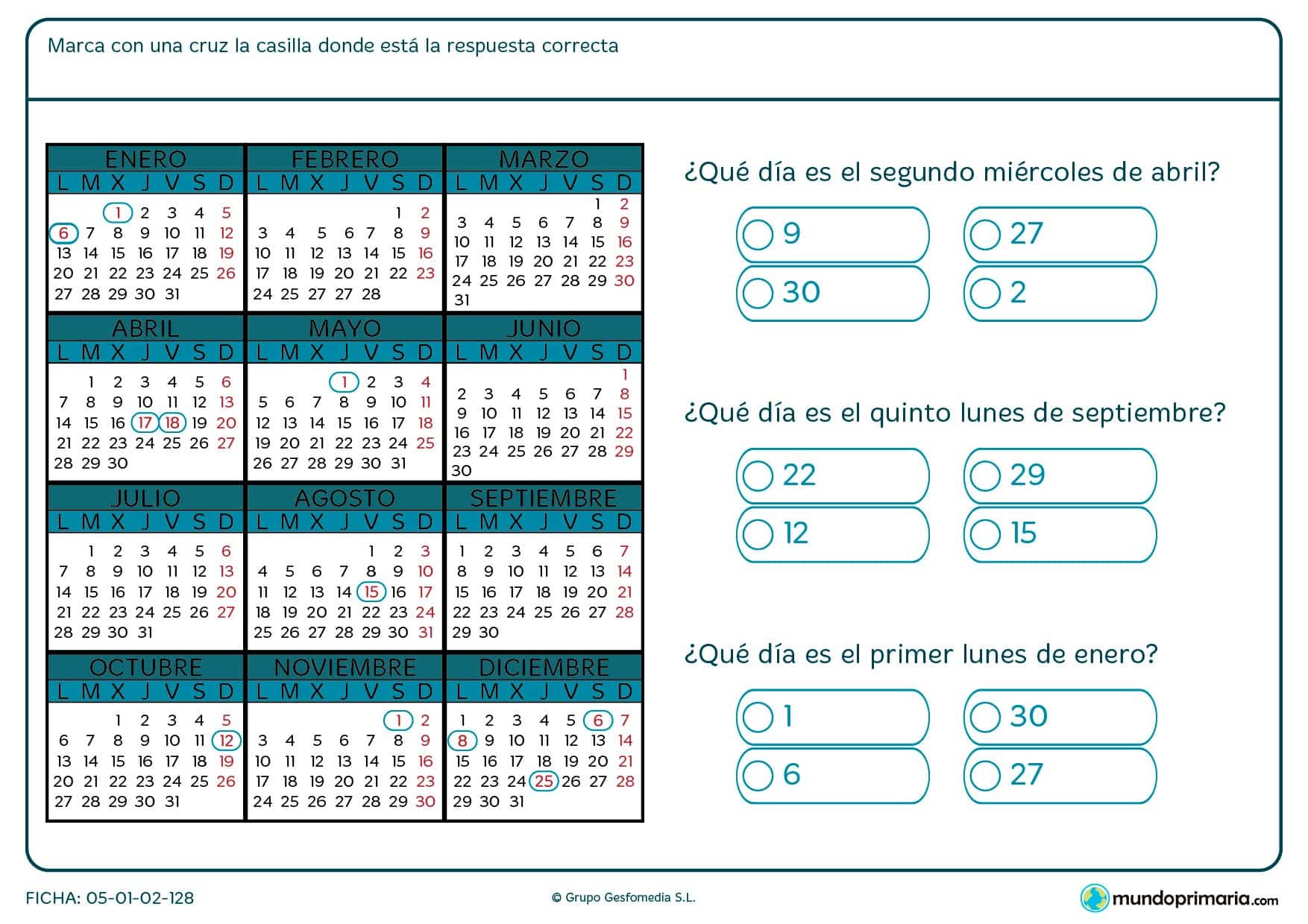 Ficha de interpretar calendario en el que debes decir que número de día es el que cae en un lugar concreto del calendario.