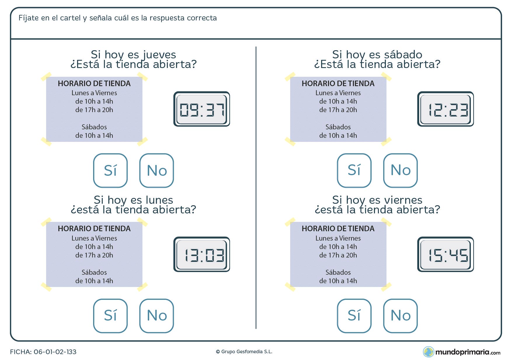 Ficha de interpretar horarios. Marca SÍ o NO según creas conveniente una vez hallas analizado el horario.