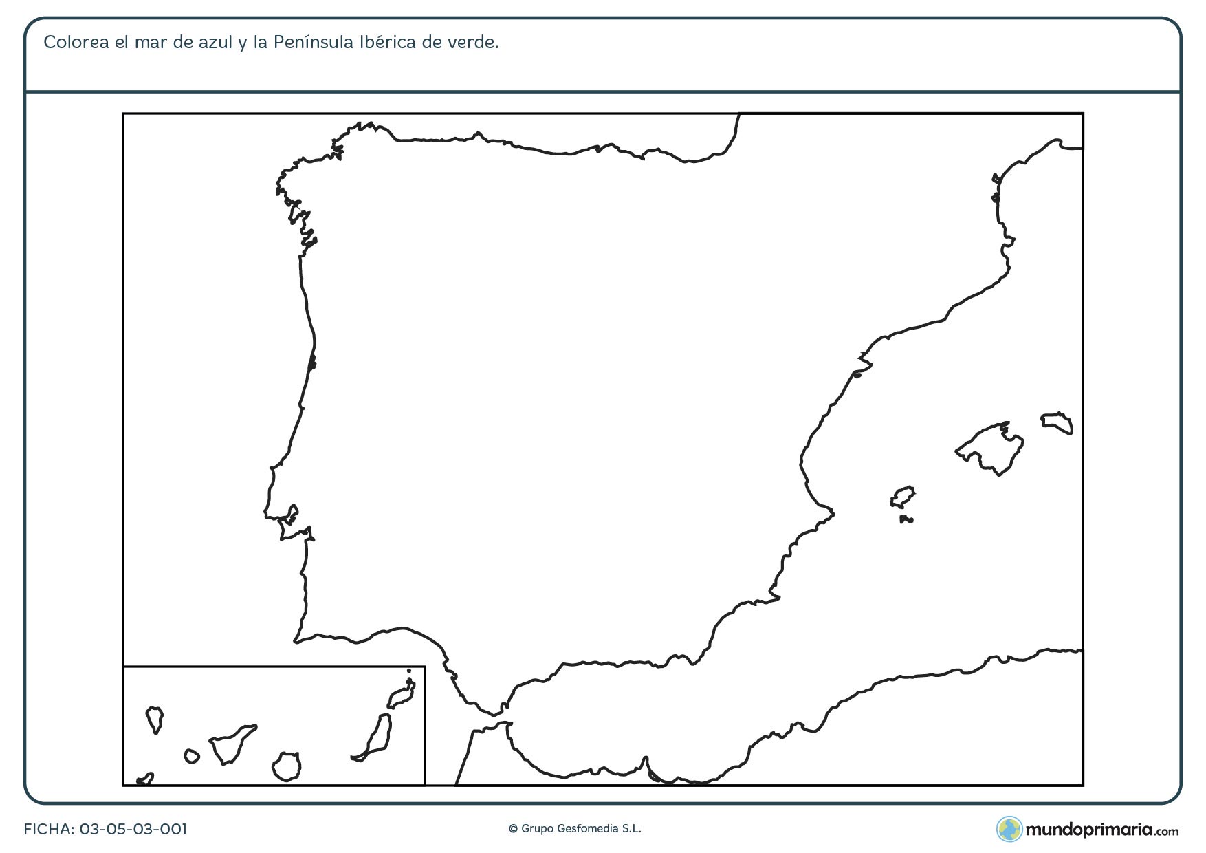 Ficha de la Península Ibérica en la que deberás colorear lo que se te pide.