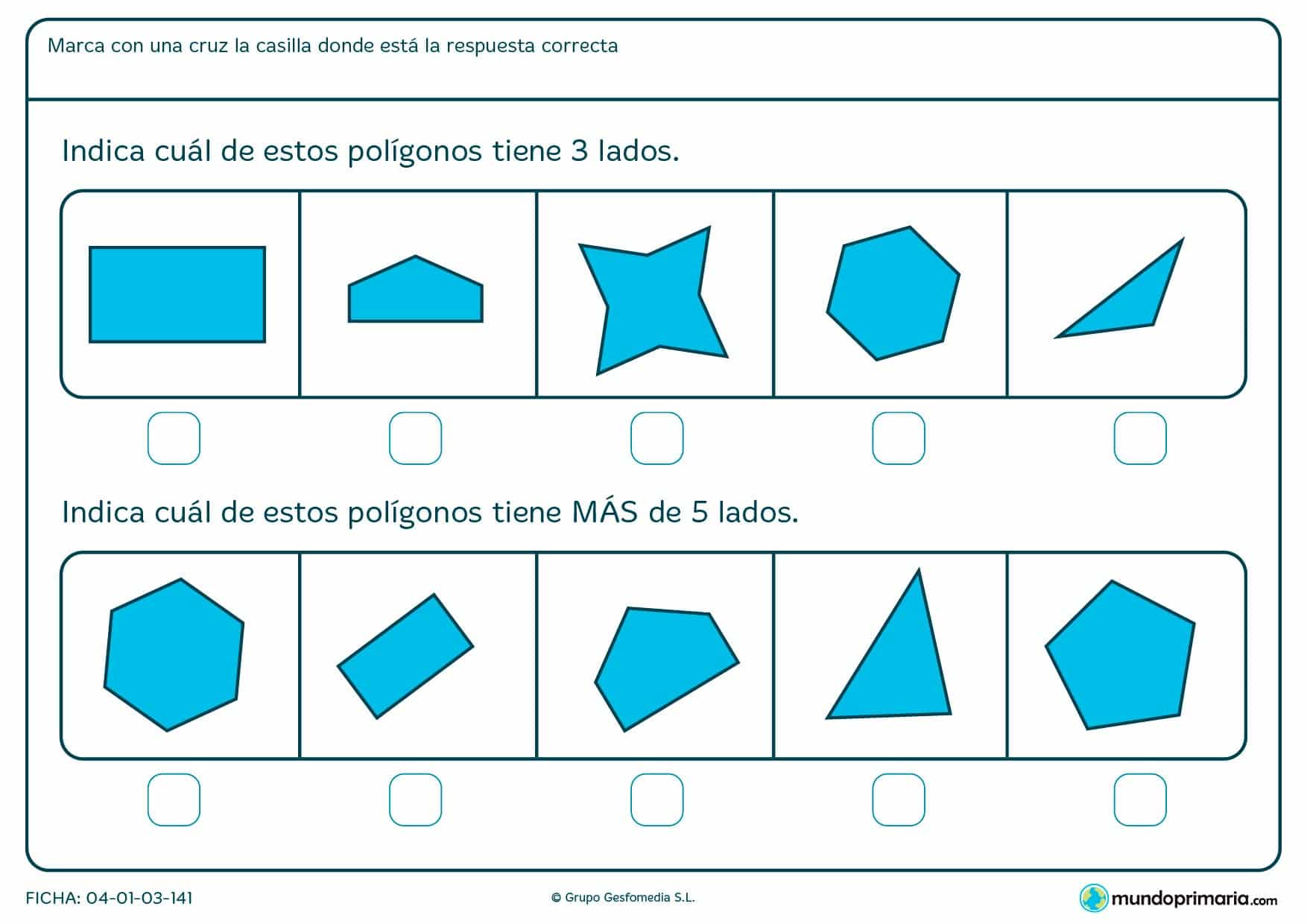 Ficha de lados de polígonos en la que deberás señalar los que tengan los lados que te pedimos.