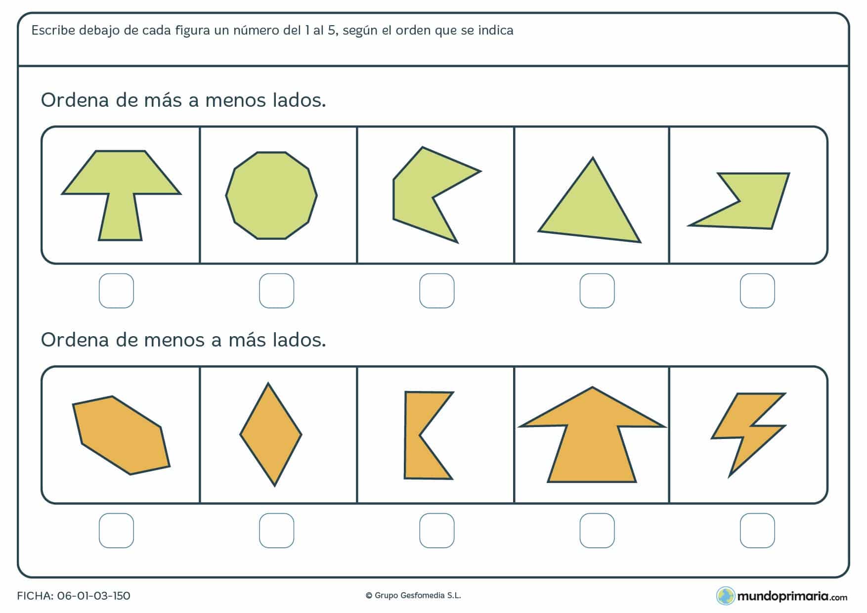 Ficha de lados de figuras geométricas y su ordenamiento según su número de lados.