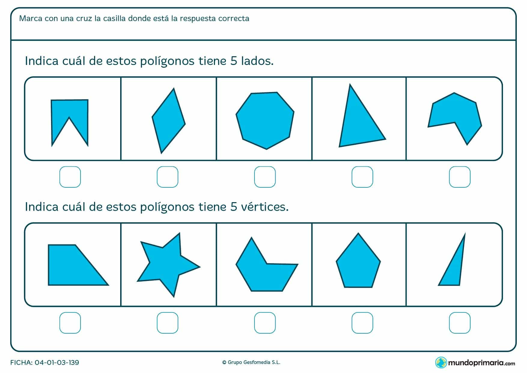 Ficha de lados y vértices en la que has de clasificar unos polígonos según su número de lados o de vértices.