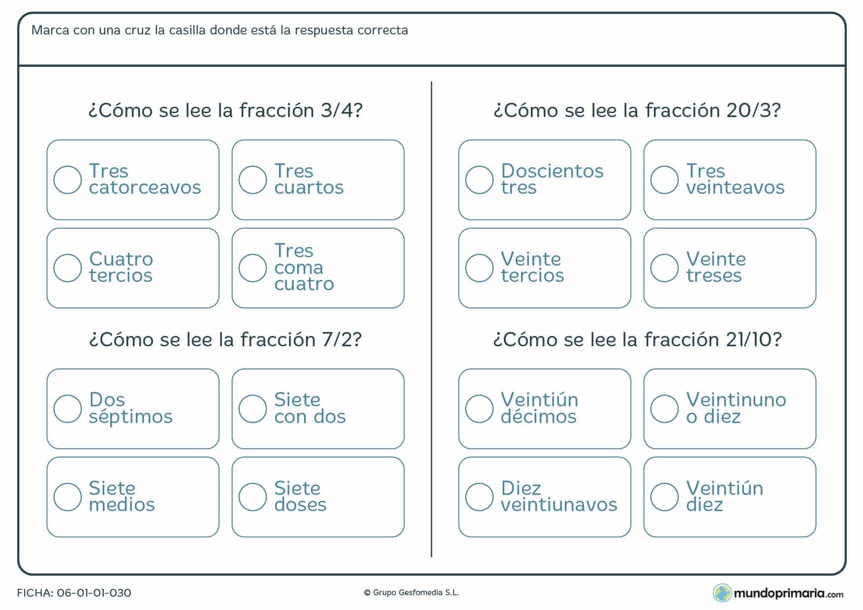 Ficha de lectura de fracciones en la que has de señalar cuál de ellas es la forma correcta de nombrarla.