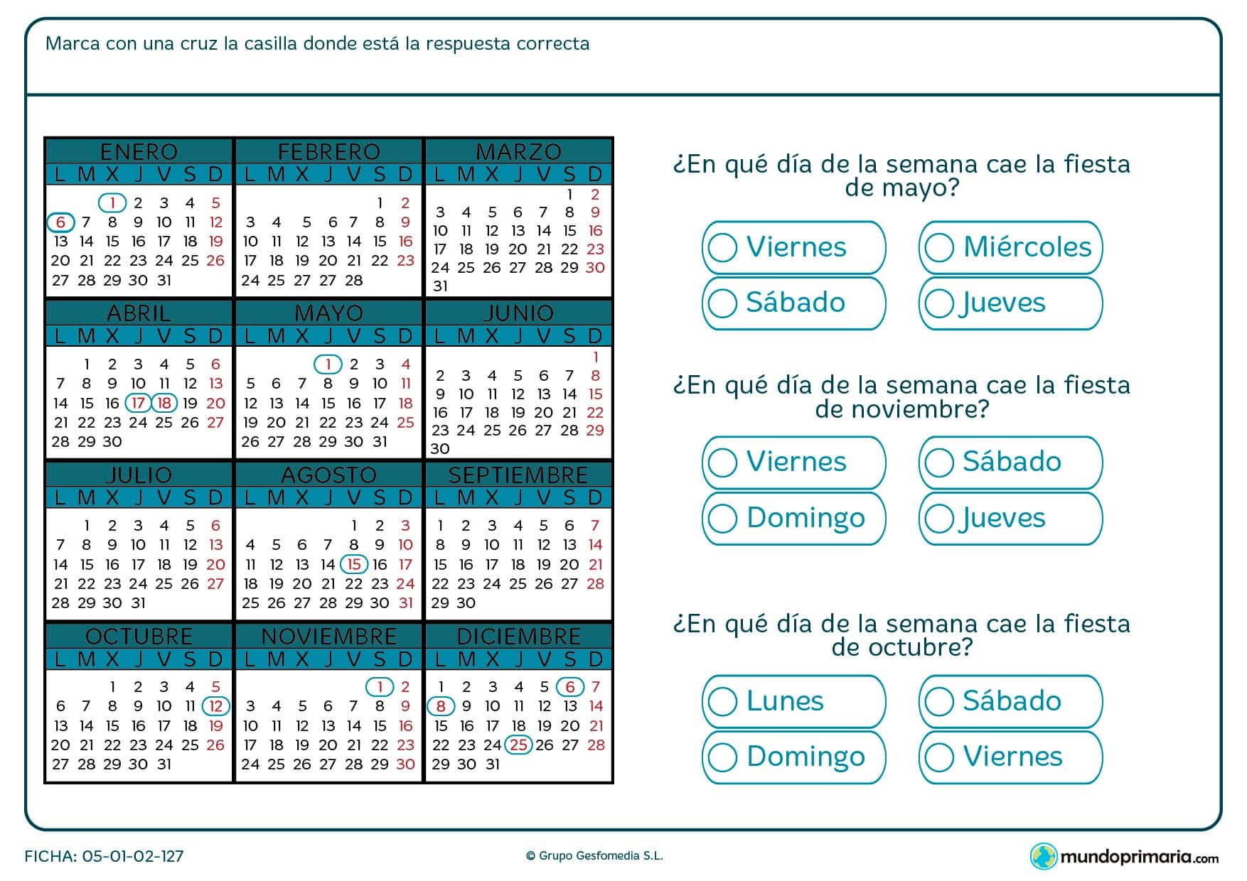 Ficha de leer calendario en la que has de localizar días de fiesta y nombrar la fecha en la que se suceden.