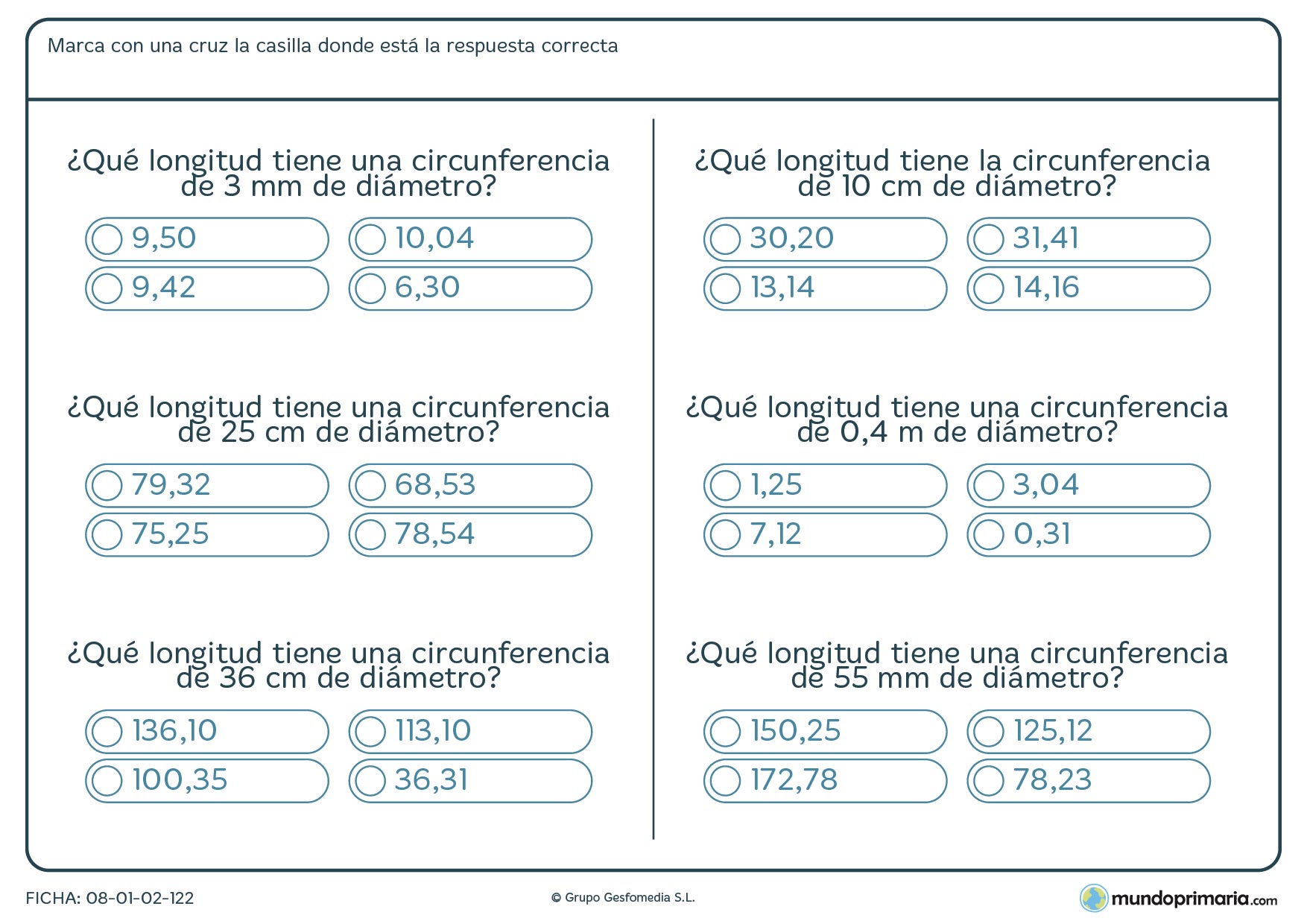 Ficha de longitud de circunferencia que tendrás que sacar a partir de su diámetro.