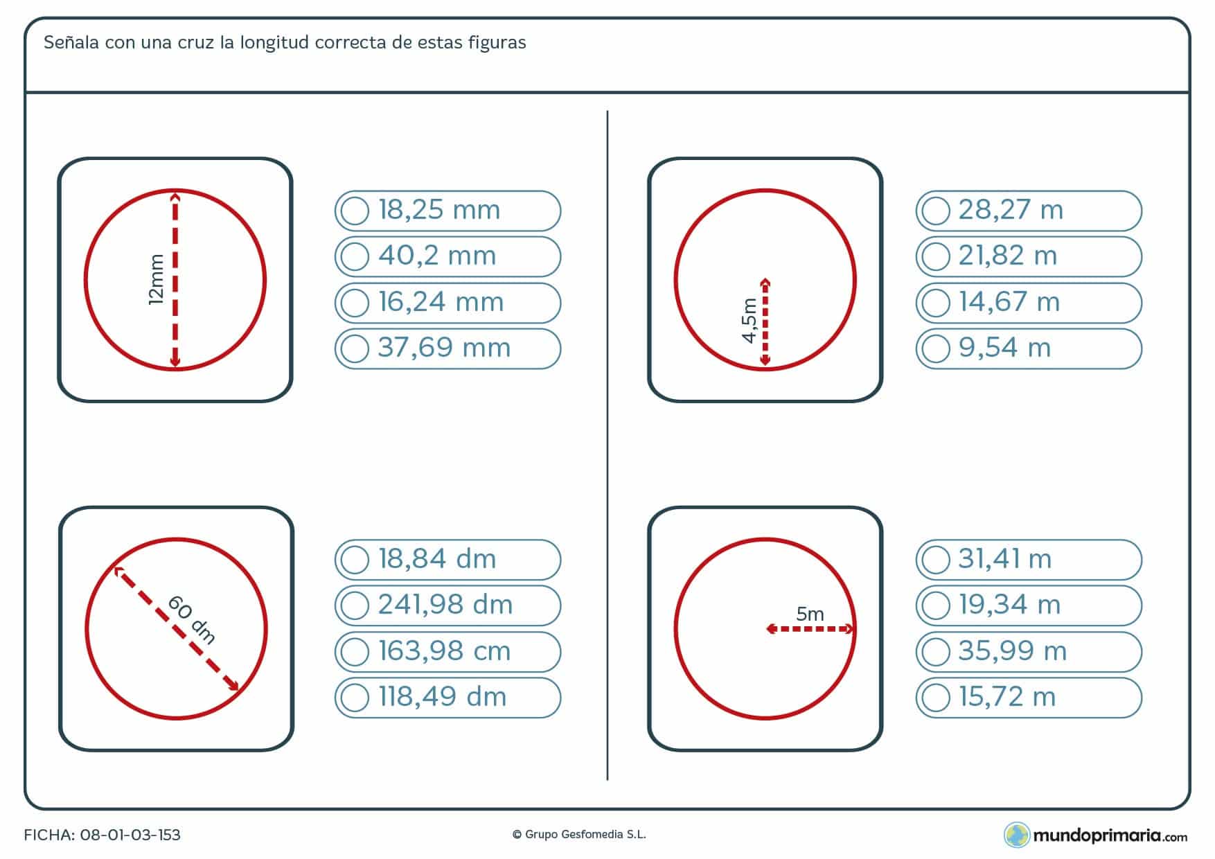 Ficha de longitud de círculos utilizando el radio o el diámetro como información.