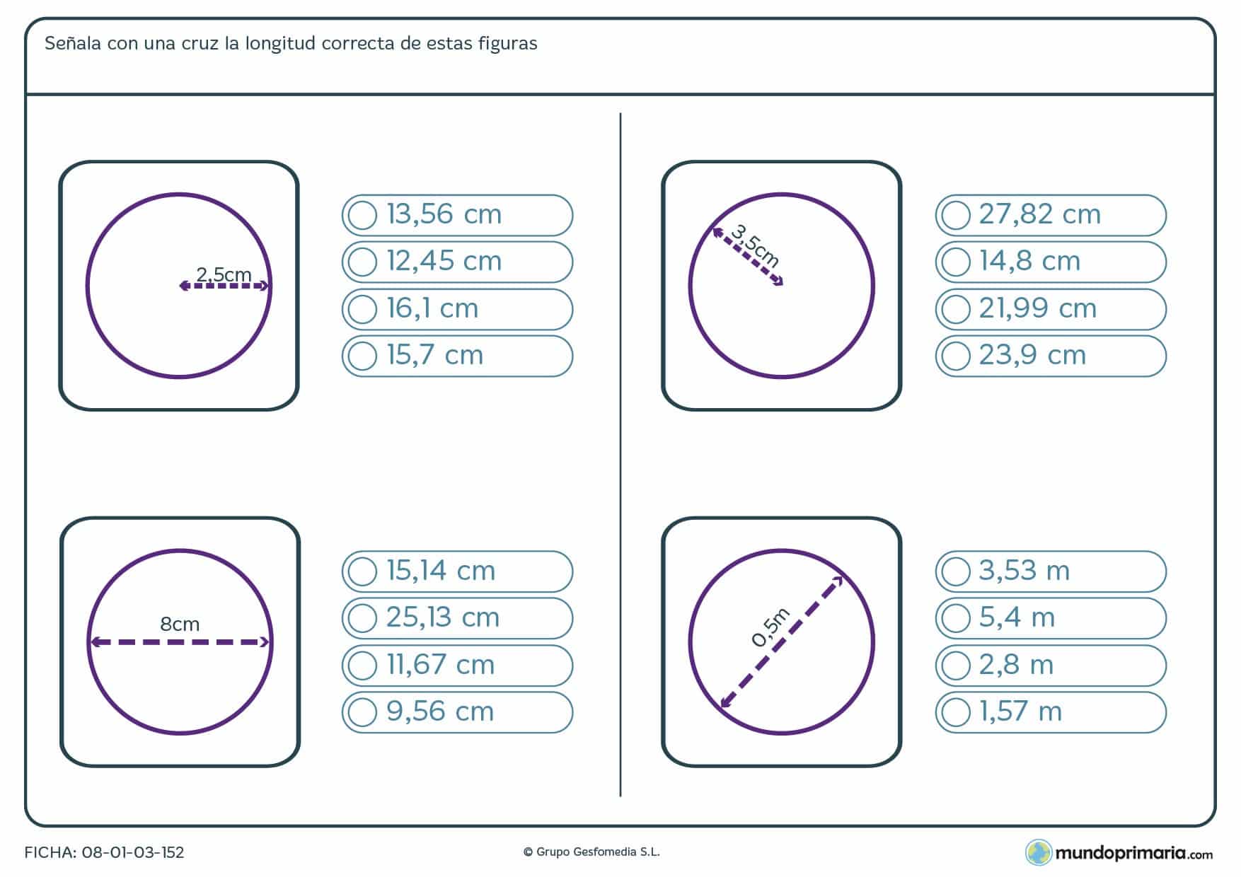 Ficha de longitud de figuras circulares para hallar esta partiendo del radio o el diametro.