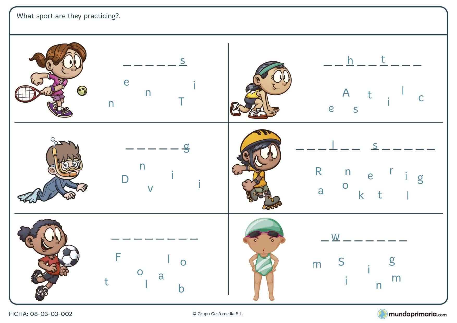 Con la ficha de los deportes en inglés los niños de primaria practican el nombre de los deportes en inglés