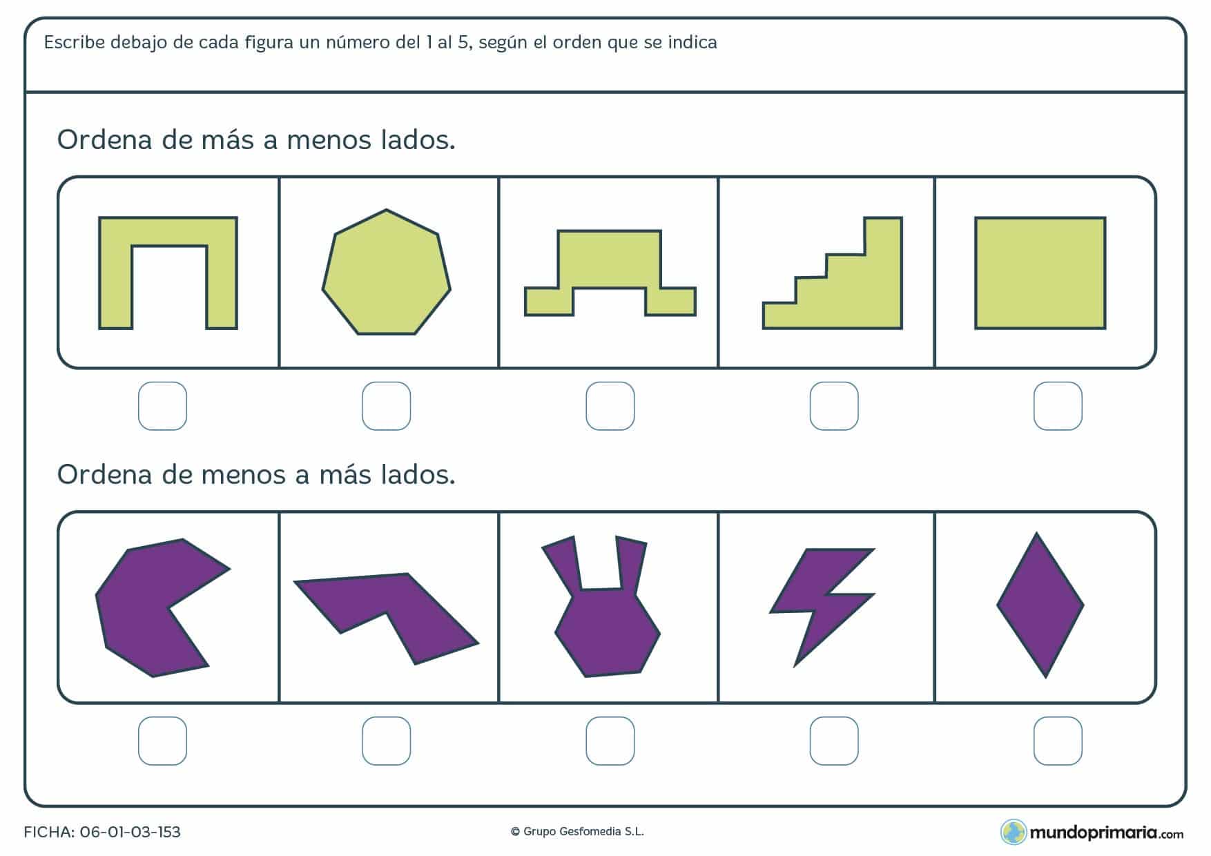Ficha de más a menos lados para ordenar figuras de diferentes formas y de más o menos número de lados.
