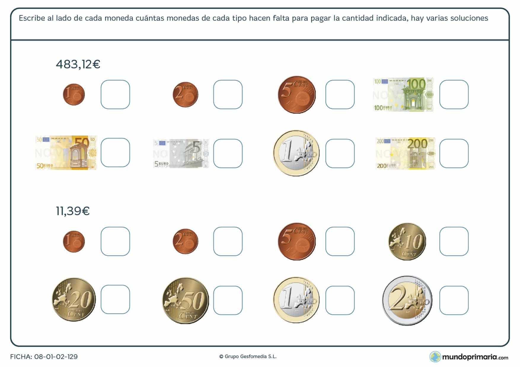 Ficha de manejar euros para con ellos llegar a la cantidad que te pedimos.