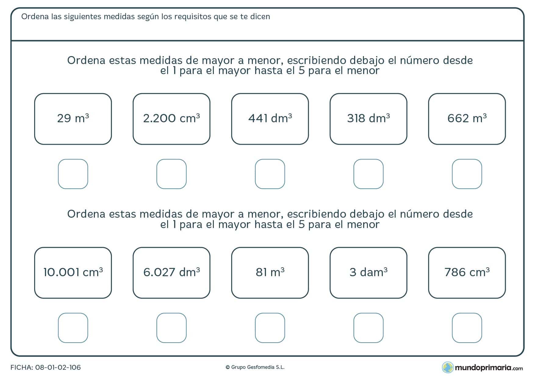 Ficha de mayor a menor, medidas con diferentes unidades para ordenar.