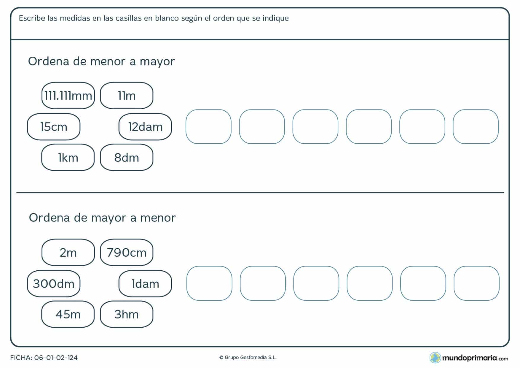 Ficha de mayor o menor medidas para ordenar o de menor a mayor.