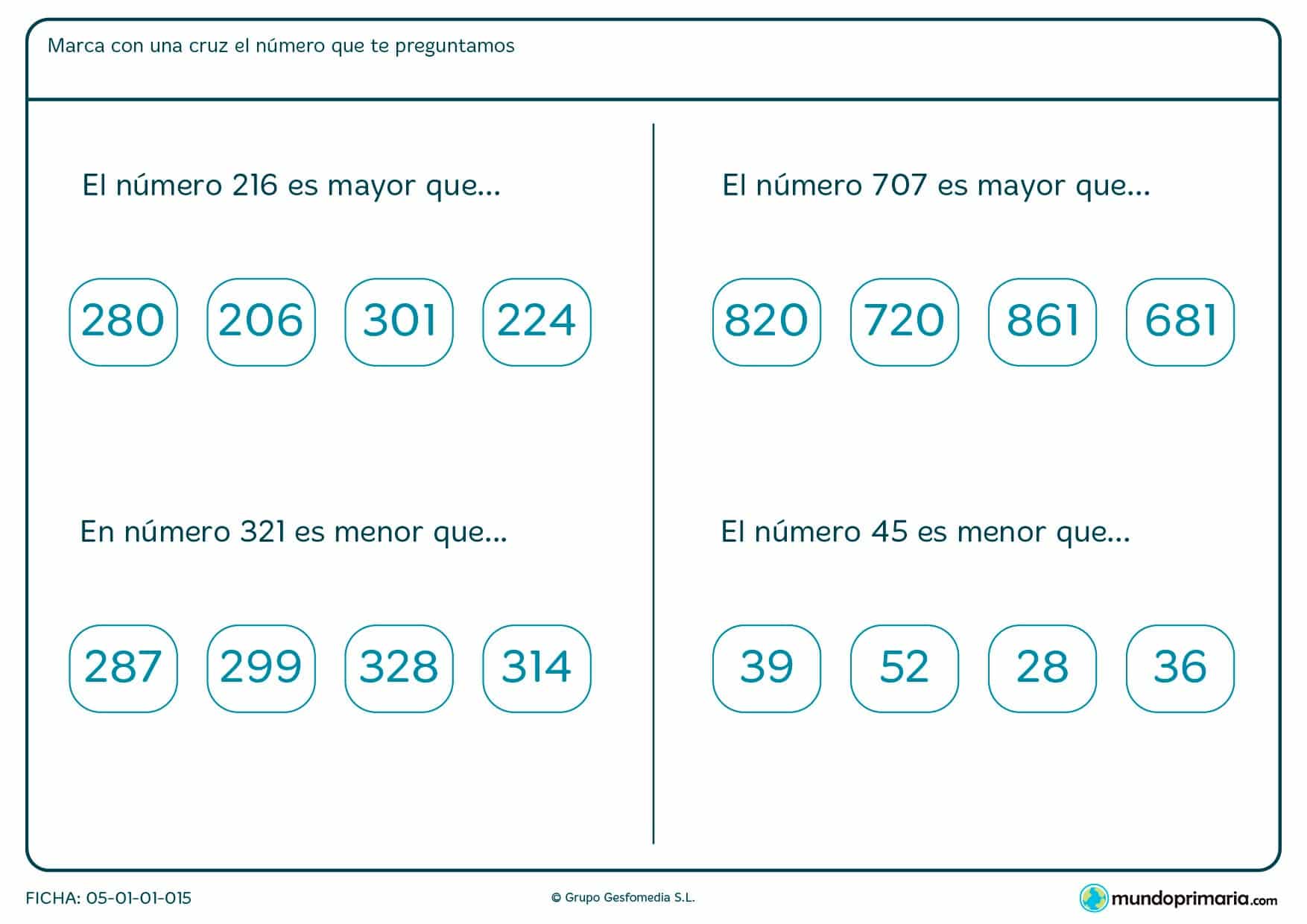 Ficha de mayor o menor número que el número que te mostramos y que has de señalar el verdadero.