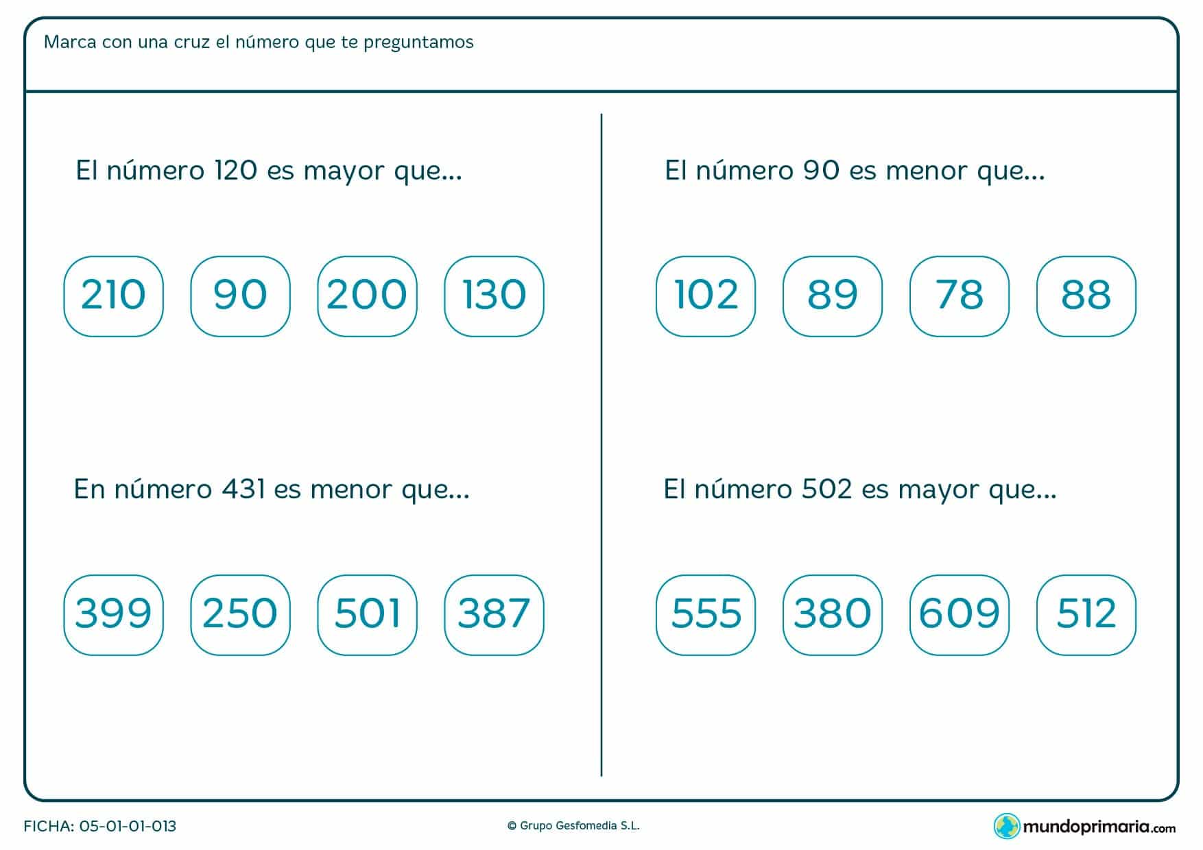 Ficha de mayor que o menor que el número de la pregunta, según corresponda.