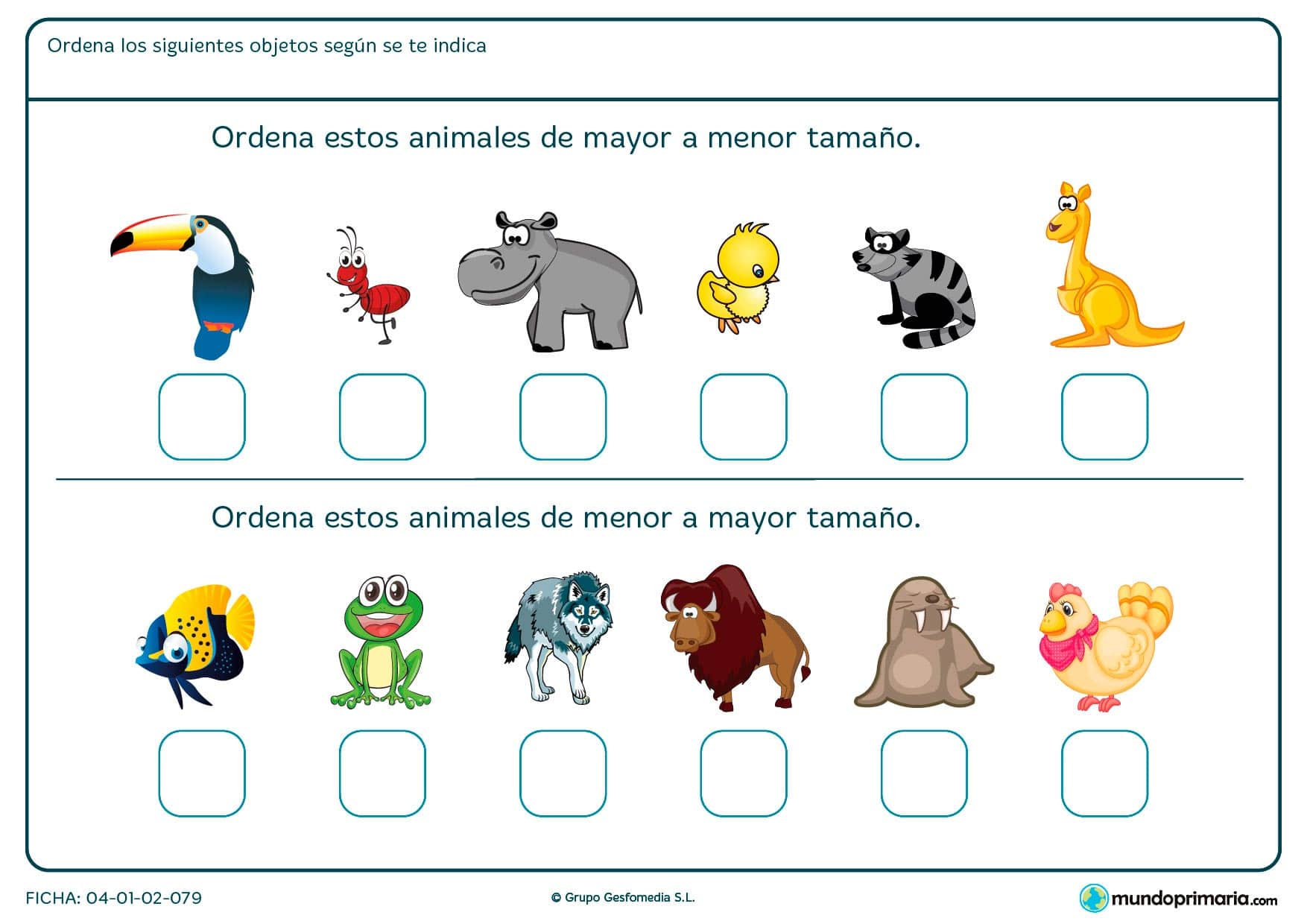 Ficha de mayor tamaño o de menor tamaño entre animales, marca la opción correcta.