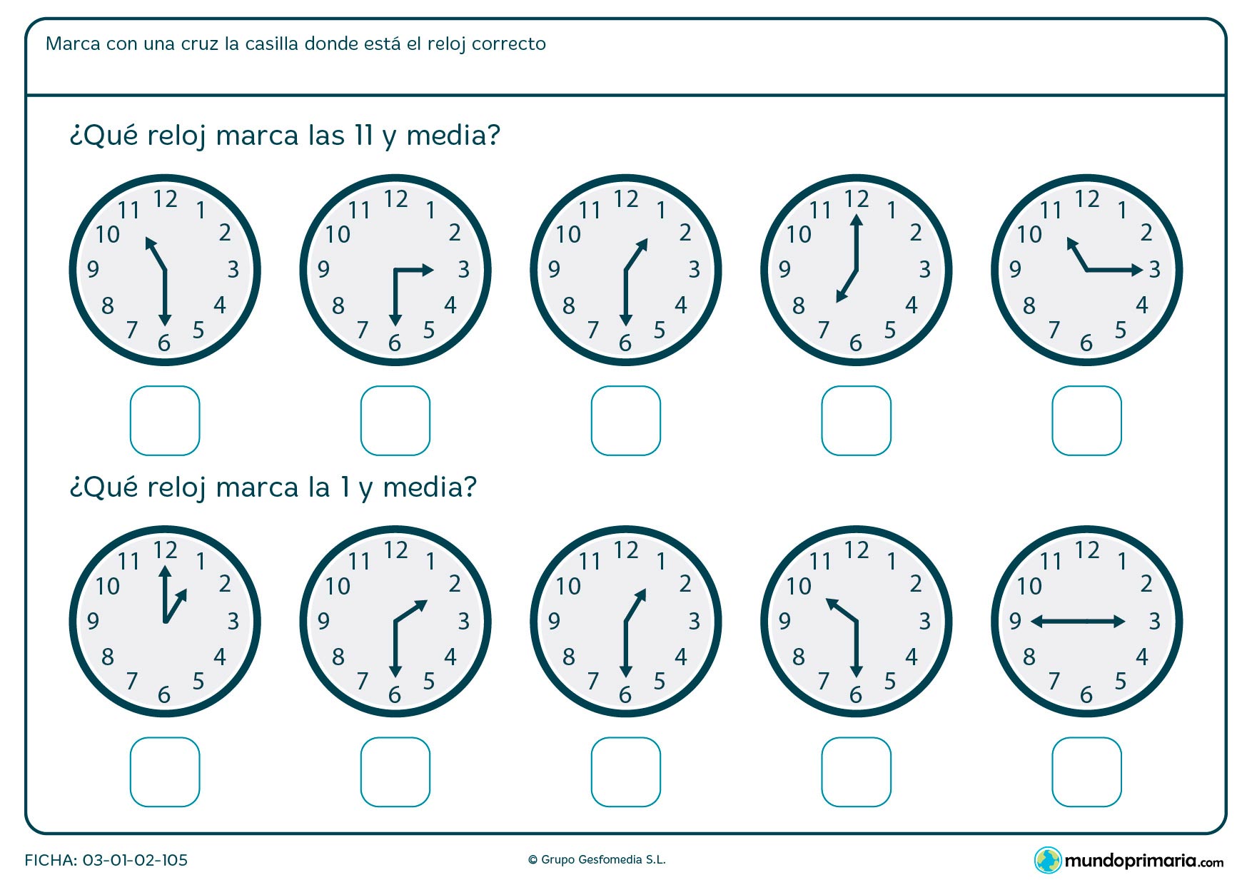 Ficha de medias horas de reloj analógico para decir en qué reloj son las 11 y media y en cuál la 1 y media.