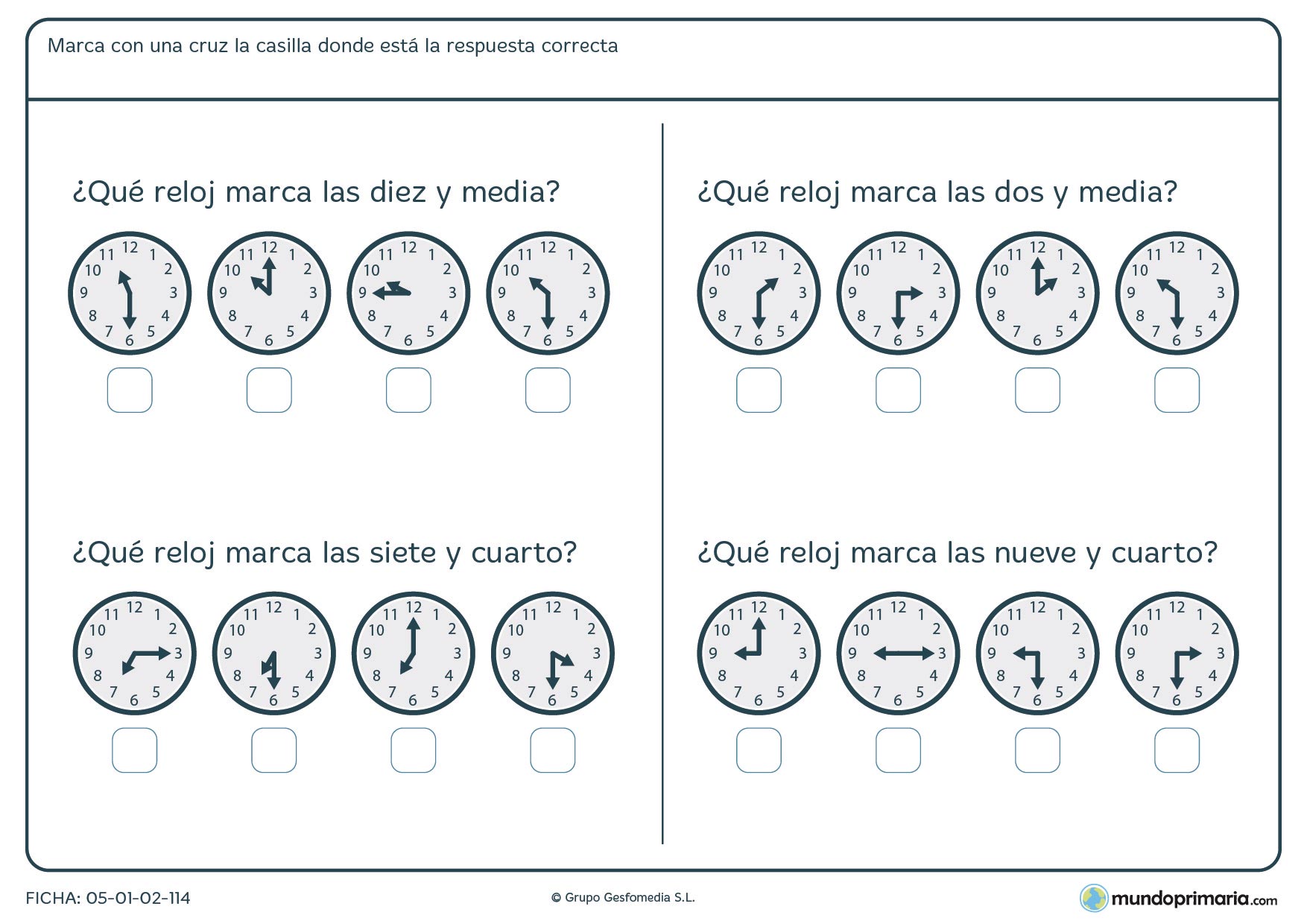 Ficha de medias horas. De estos relojes analógicos dinos cual marca la hora correcta.