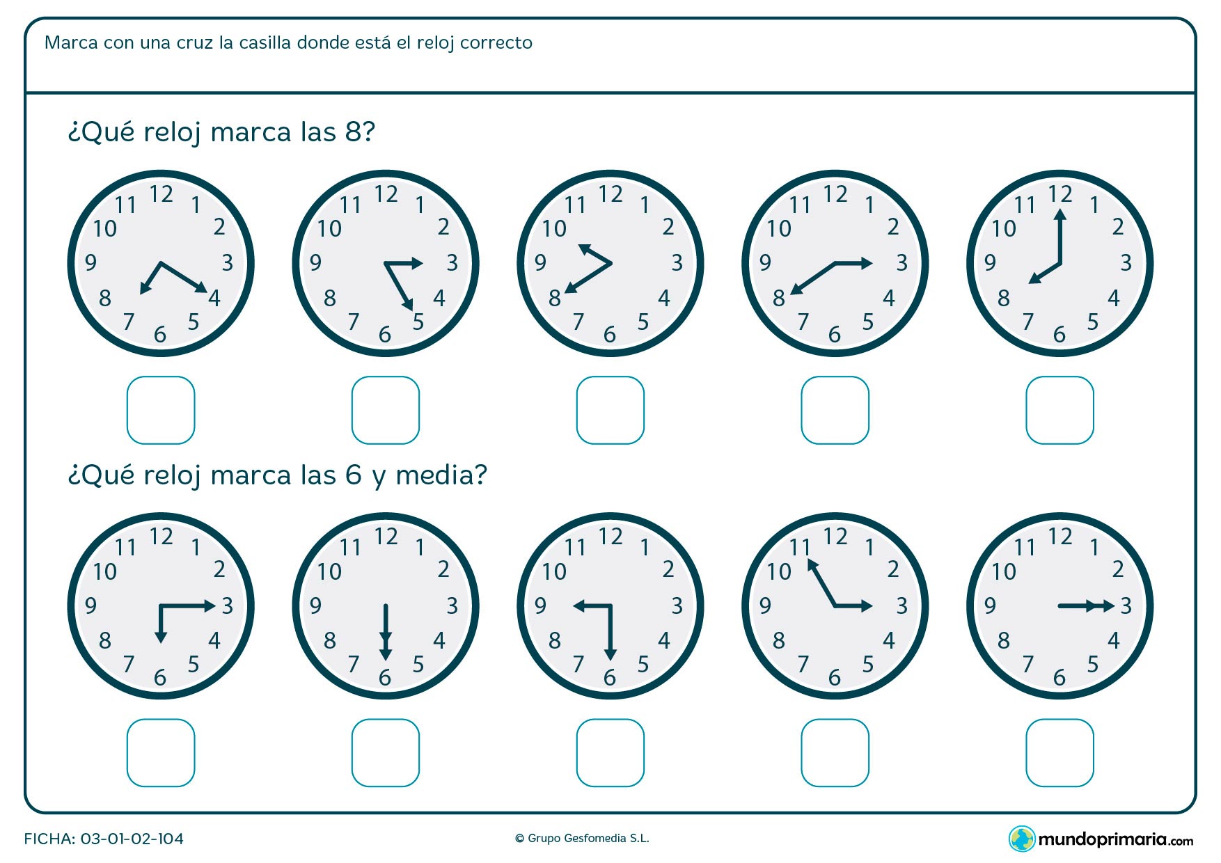 Ficha de medias horas en la que debes señalar los relojes que marcan las horas medias que te pedimos.