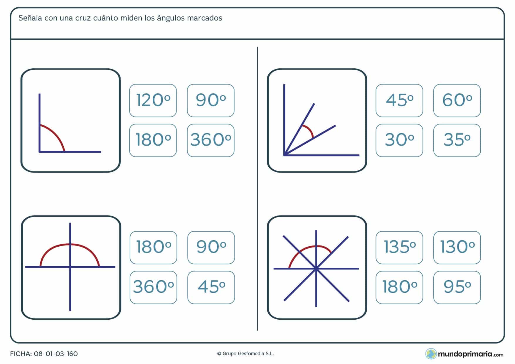 Ficha de medición de ángulos en la que has de marcar la respuesta con el valor correcto del ángulo.