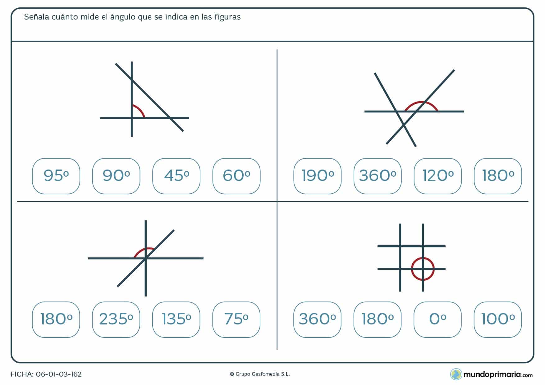 Ficha de medición de ángulos en la que te marcamos un ángulo en rojo y de la que debes identificar sus grados.