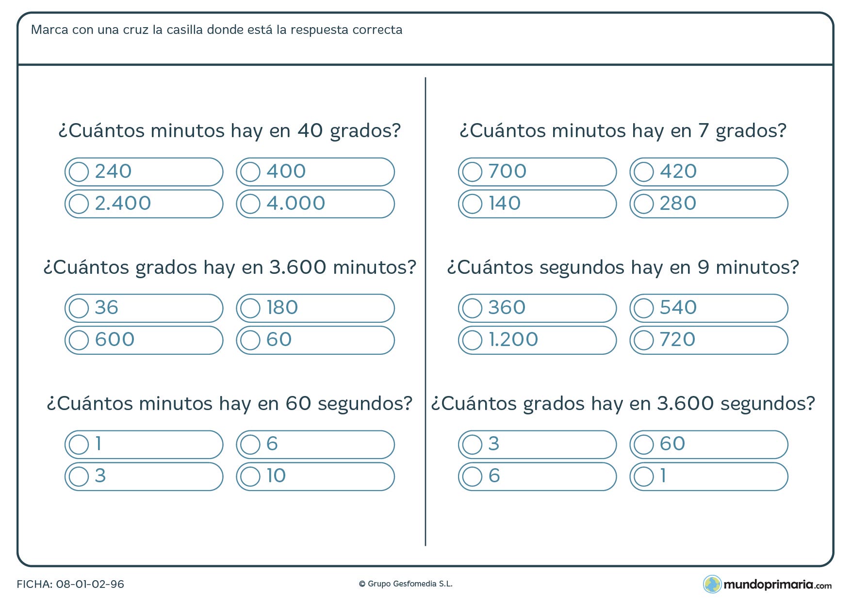 Ficha de medición de ángulos y averiguar su equivalencia entre gordos, minutos y segundos.