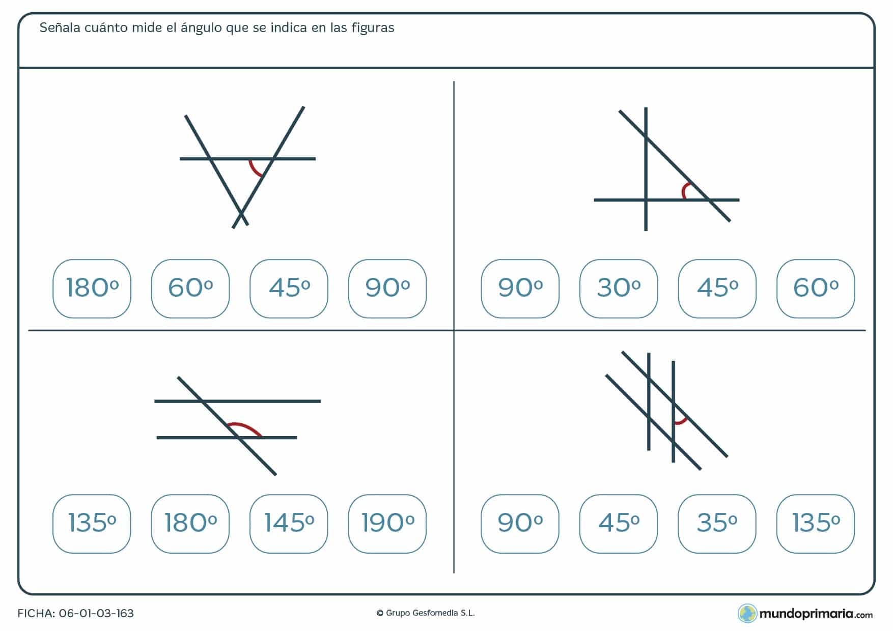 Ficha de medida de ángulos en la que debes marcar la respuesta correcta de entre 4 opciones.