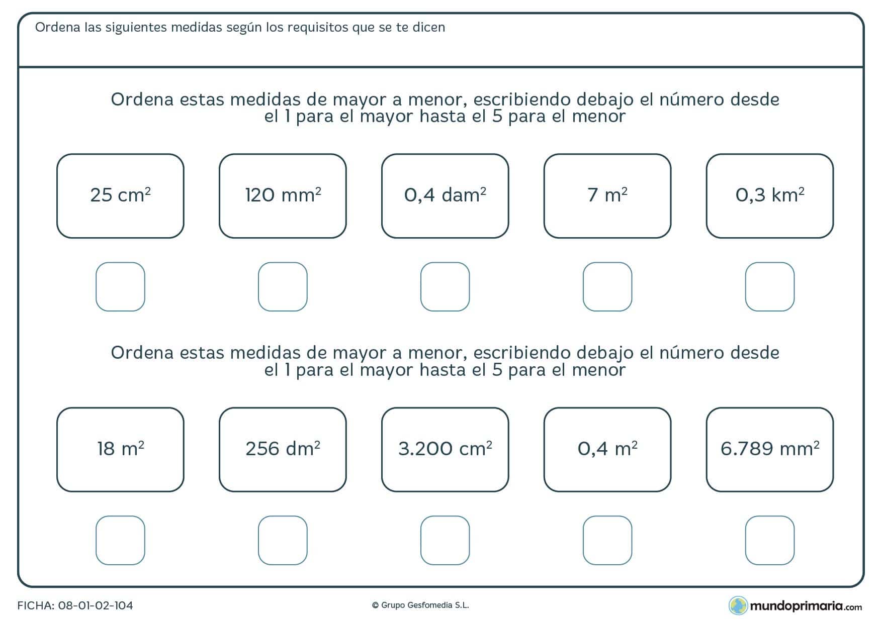 Ficha de medidas de mayor a menor en la que habrás de colocarlas en su correcto orden.